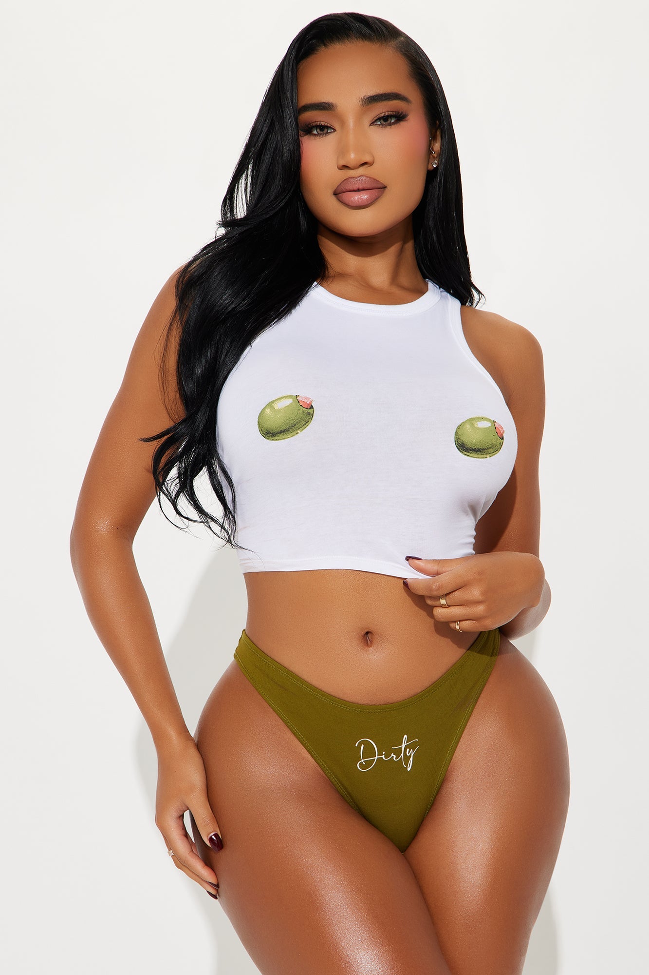 I Like It Dirty Tank And Thong Set - Olive/combo