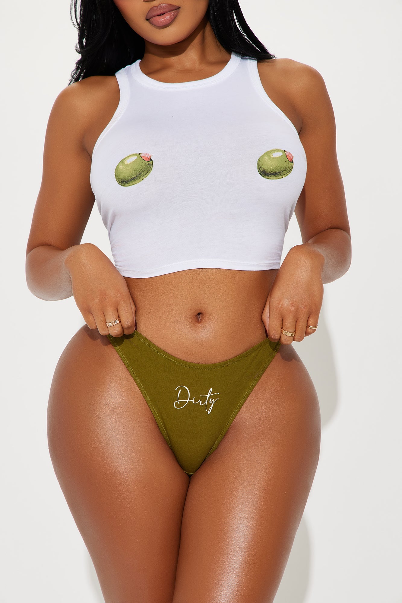 I Like It Dirty Tank And Thong Set - Olive/combo