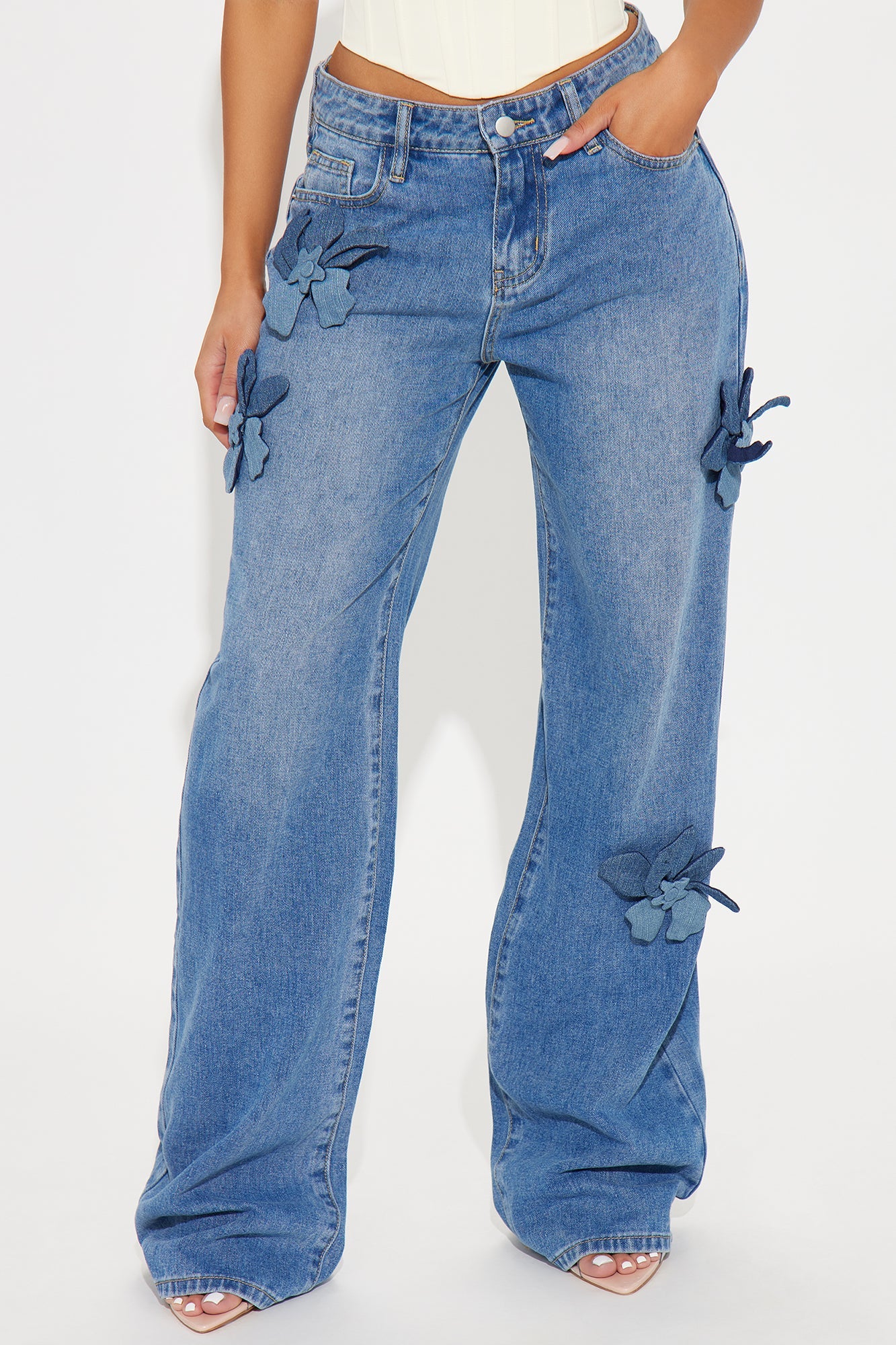 Tall Floria Baggy Flower Applique Jeans - Medium Wash