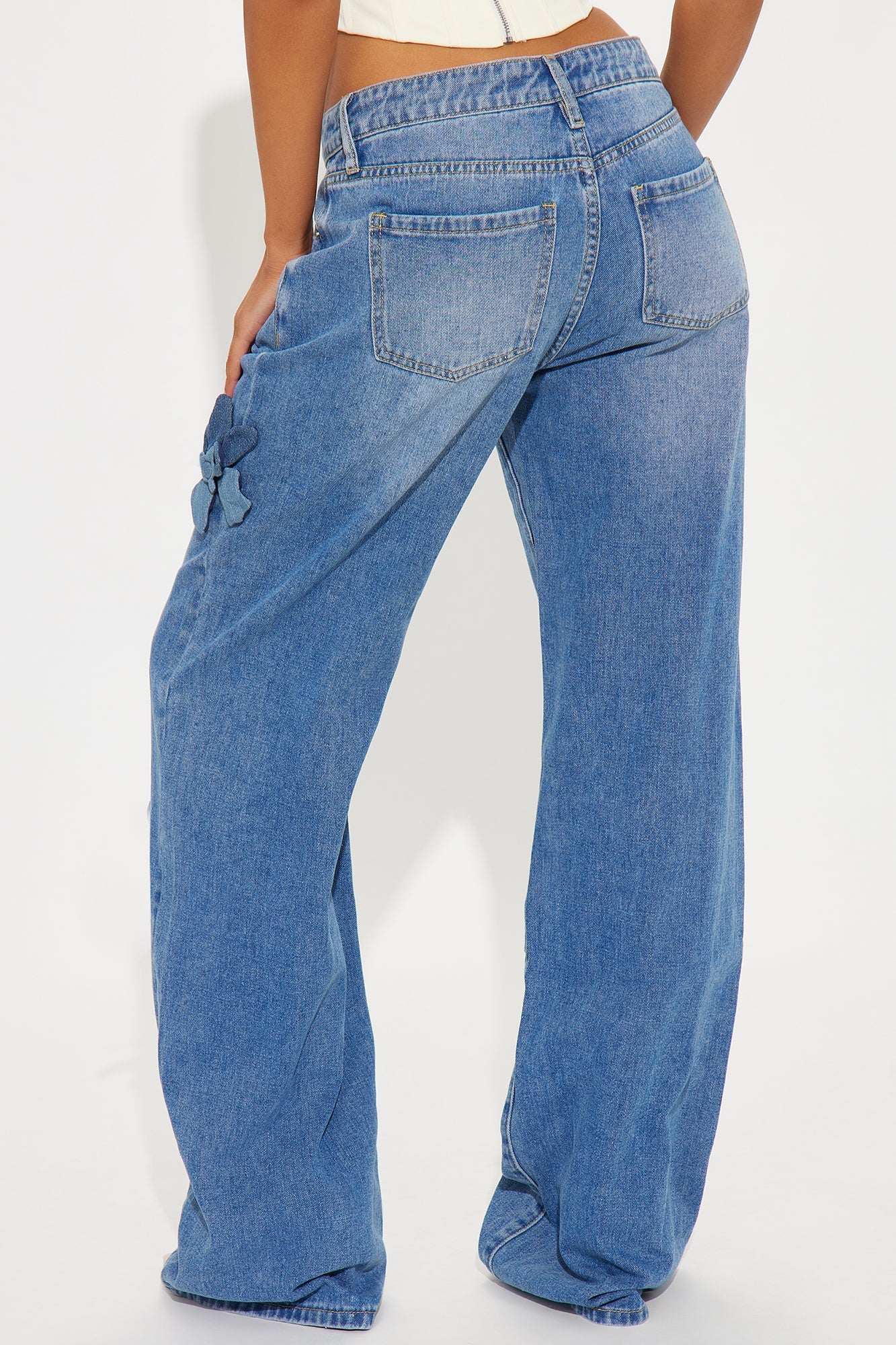 Tall Floria Baggy Flower Applique Jeans - Medium Wash