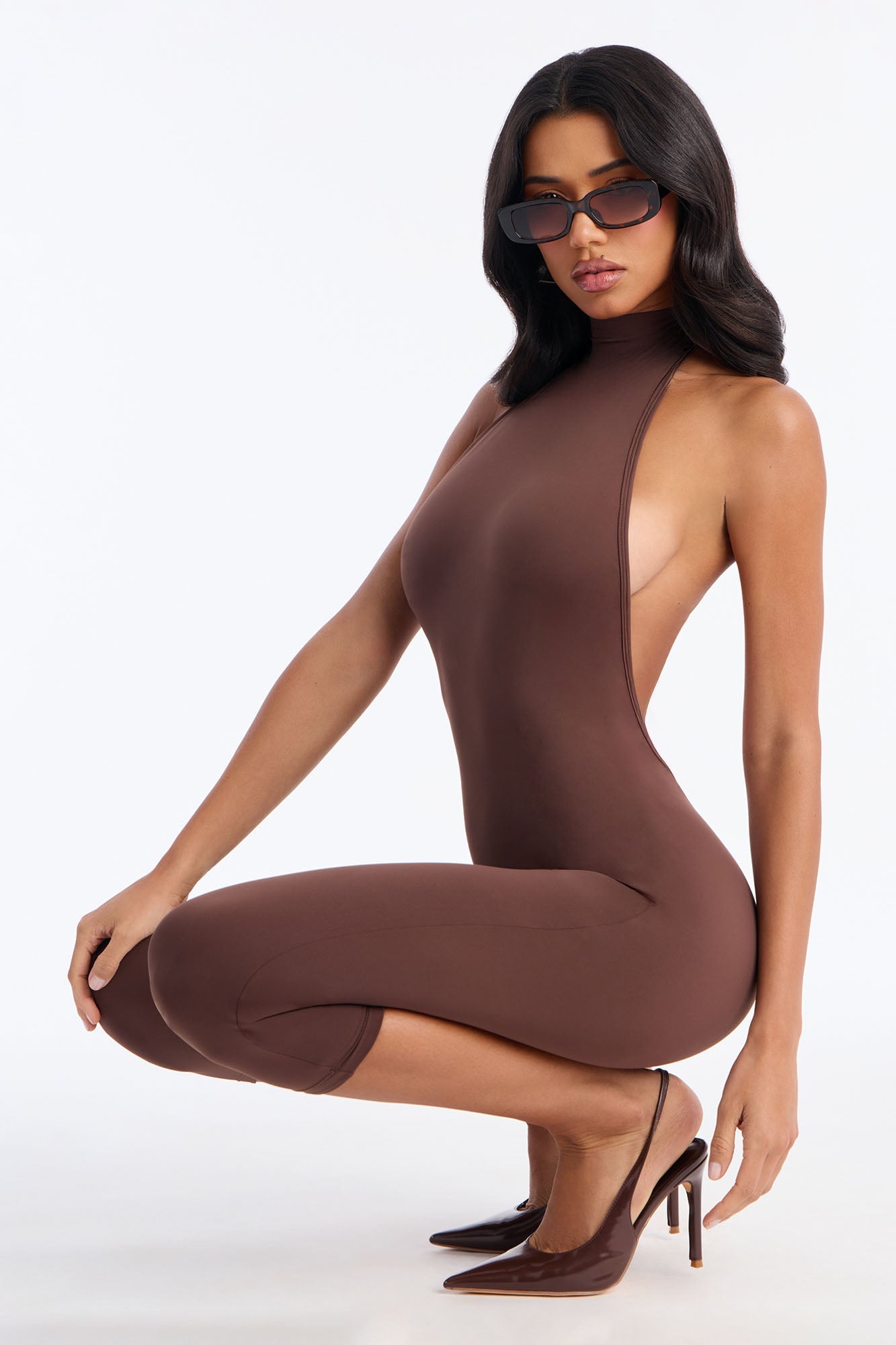 Isa High Neck Backless Capri Catsuit - Chocolate