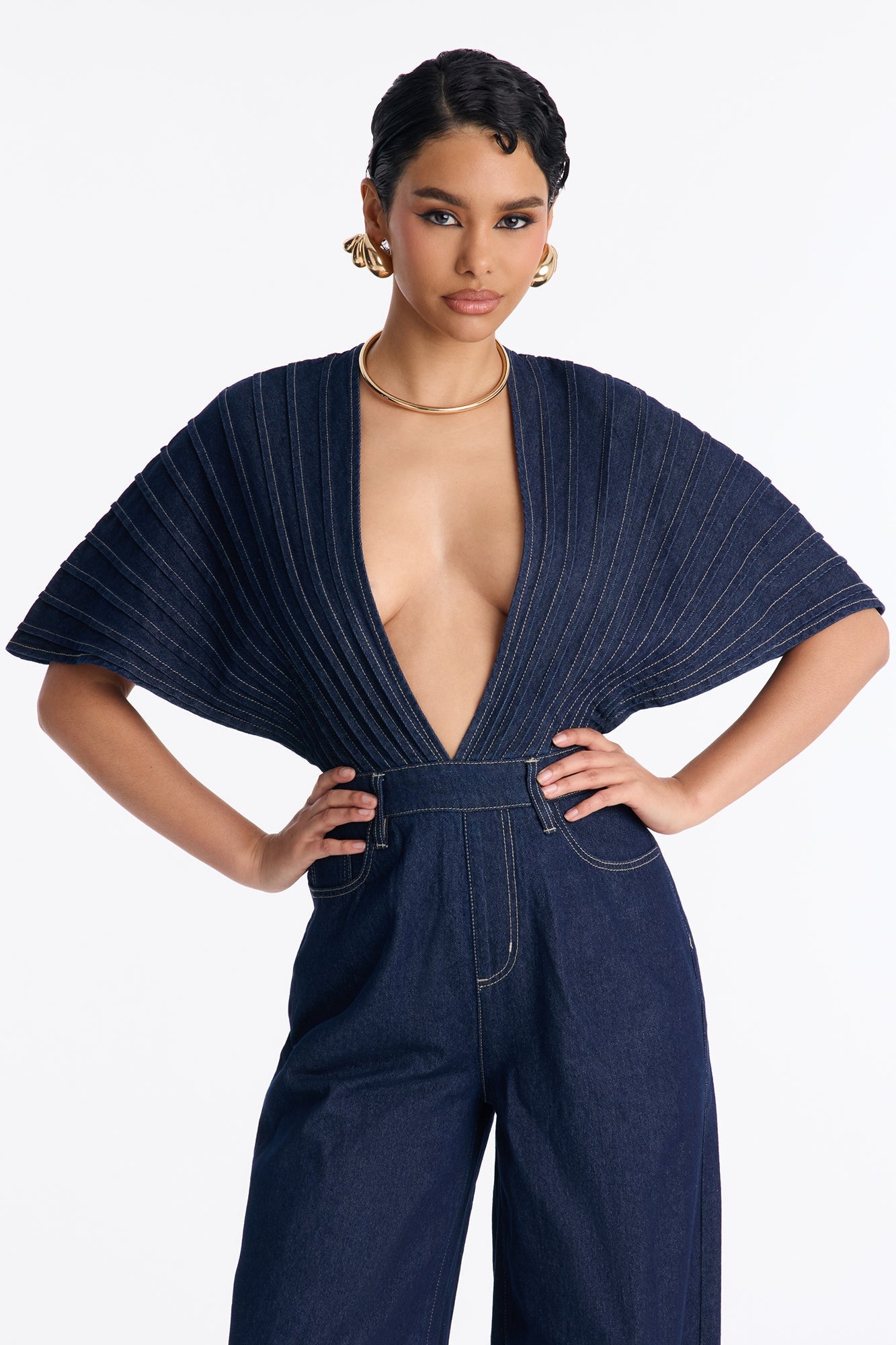 Bella Plunge Neck Denim Jumpsuit - Dark Denim
