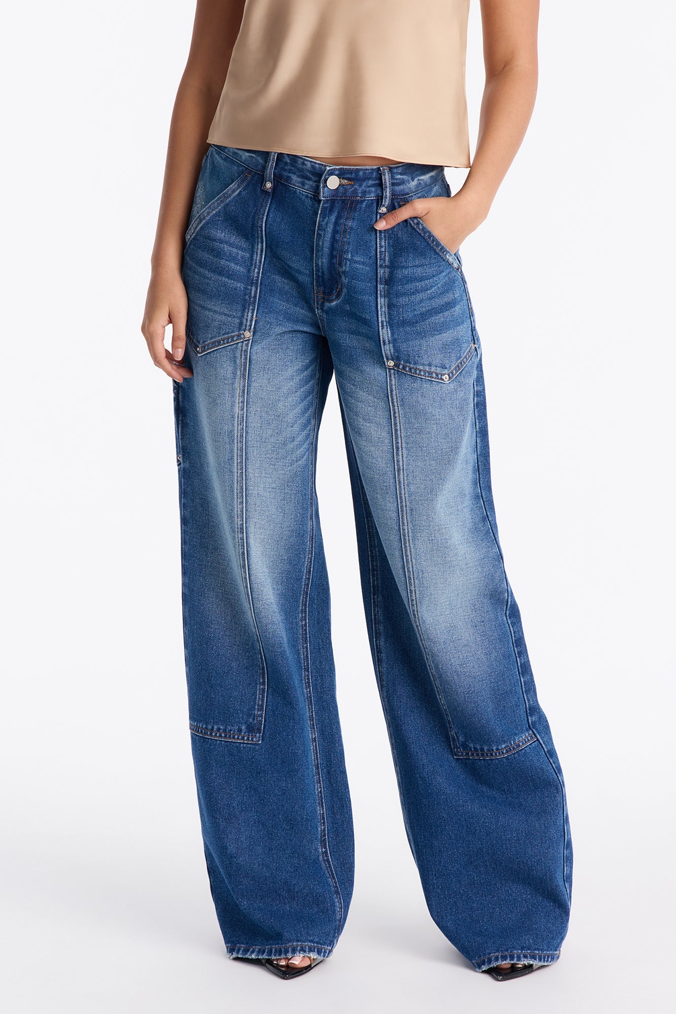 Unclassified Non Stretch Utility Barrel Leg Jeans - Dark Wash