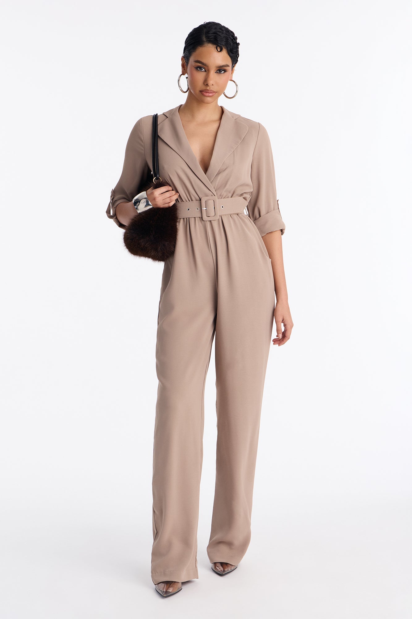 Running Around Belted Straight Leg Jumpsuit - Taupe