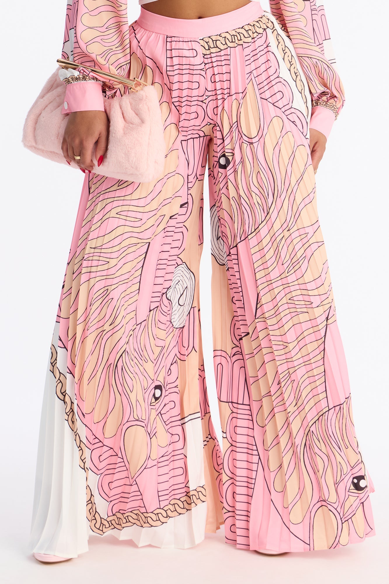Marlene Satin Pleated Pant Set - Pink/combo