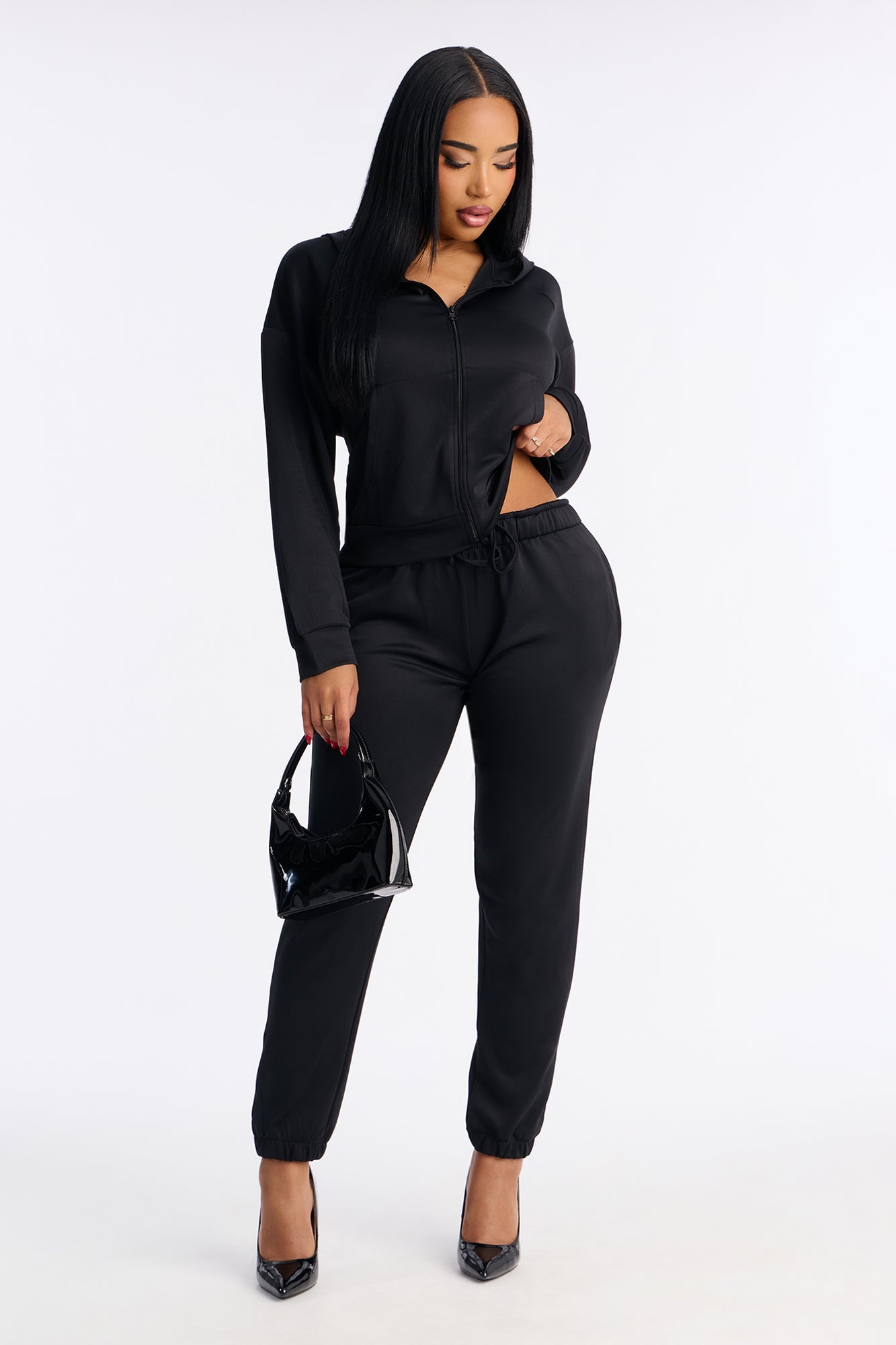 Sophia Scuba Zip Up Jogger Set - Black