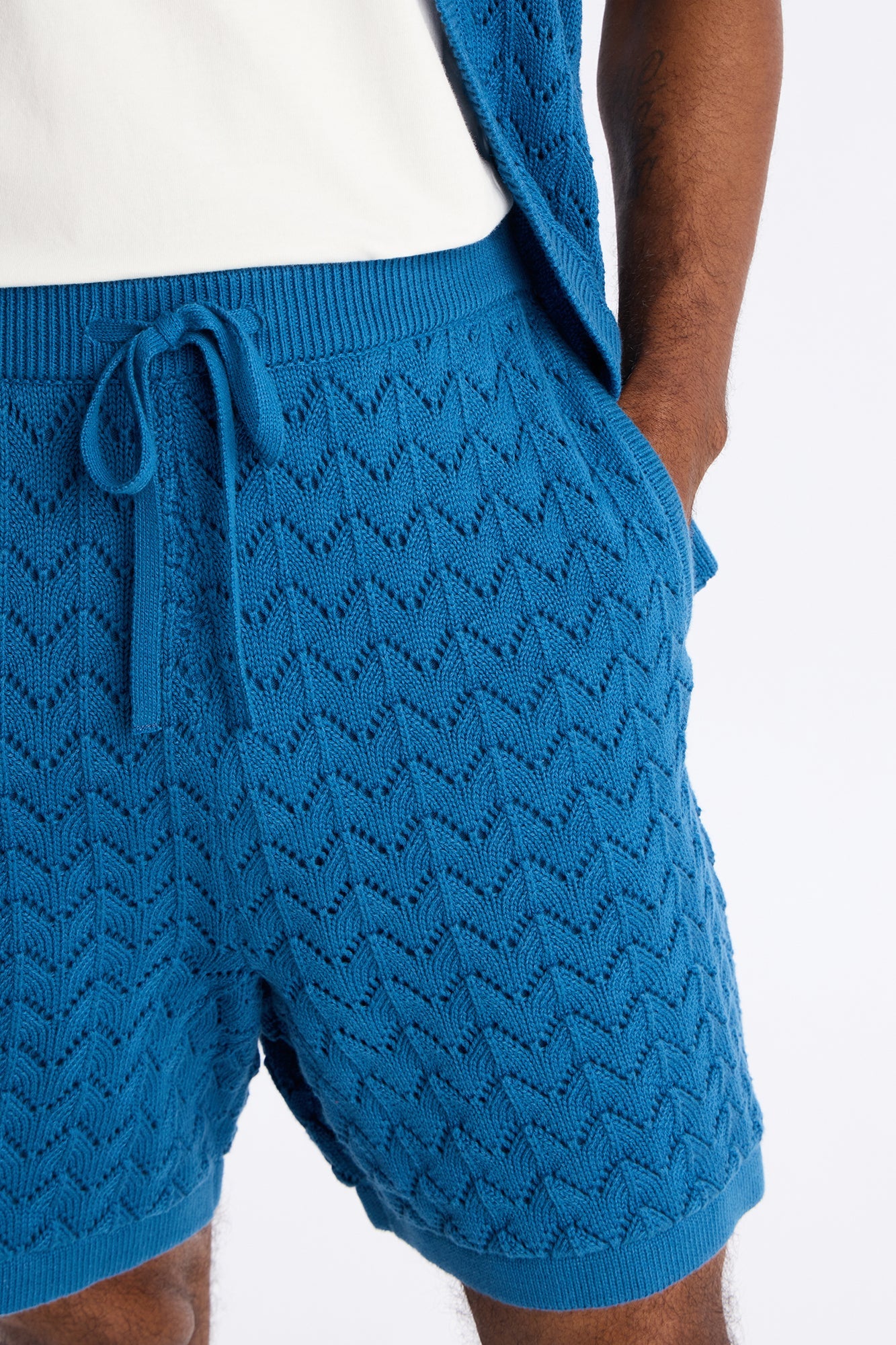 Waterfall Texture Open Knit Shorts - Slate Blue