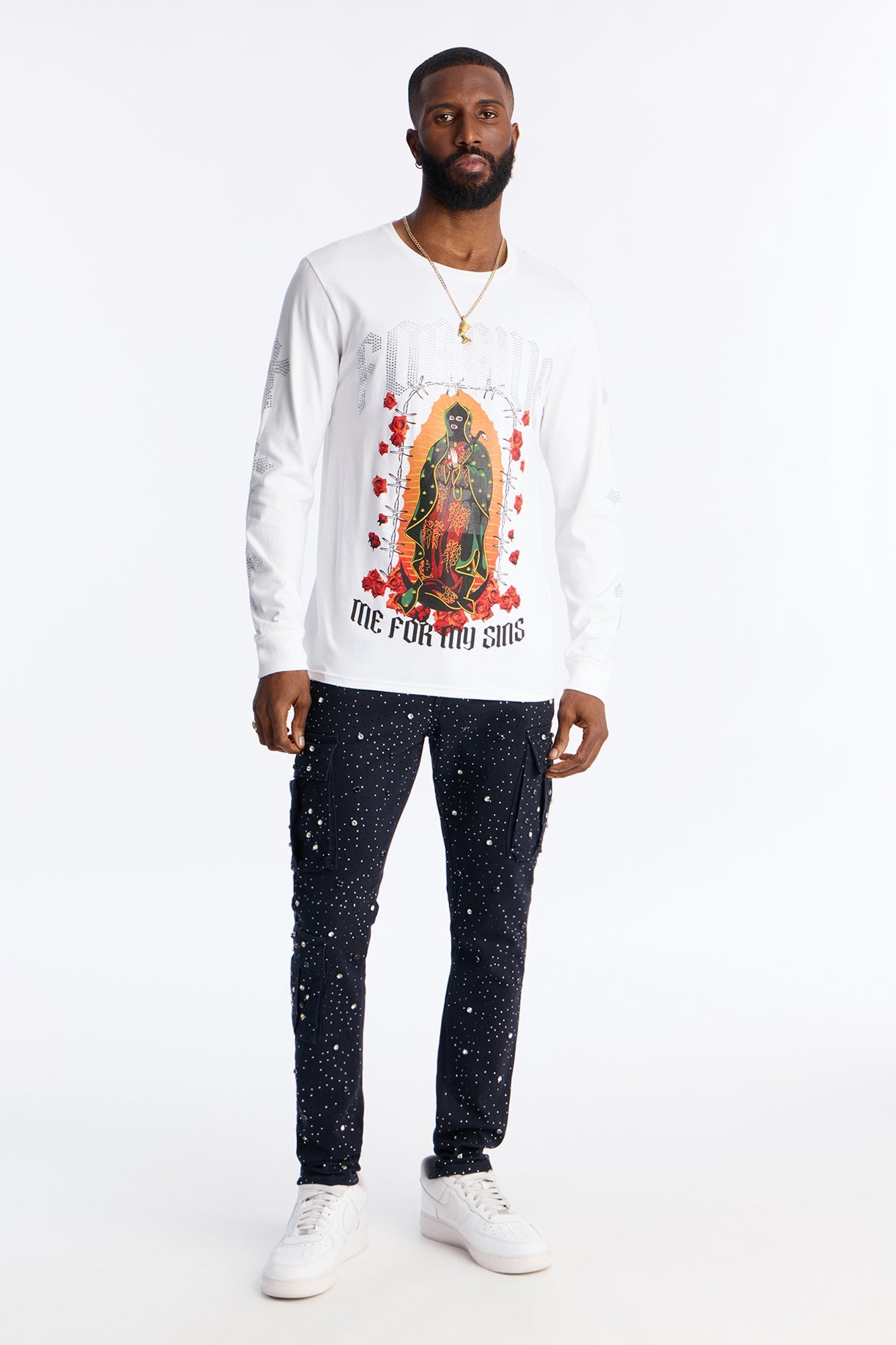 Forgive My Sins Rhinestone Long Sleeve Tee - White