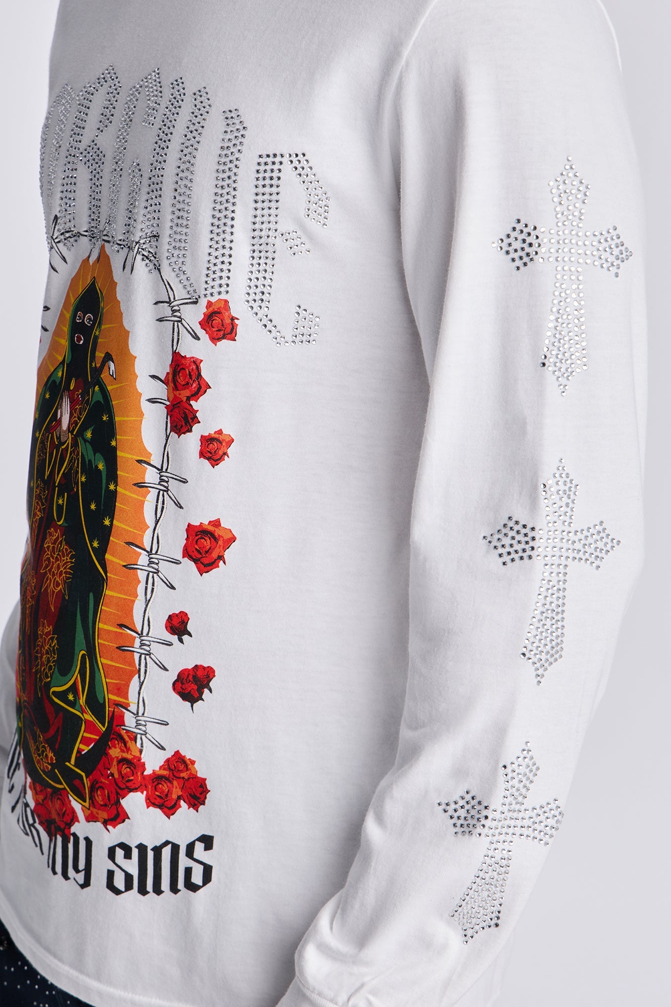 Forgive My Sins Rhinestone Long Sleeve Tee - White
