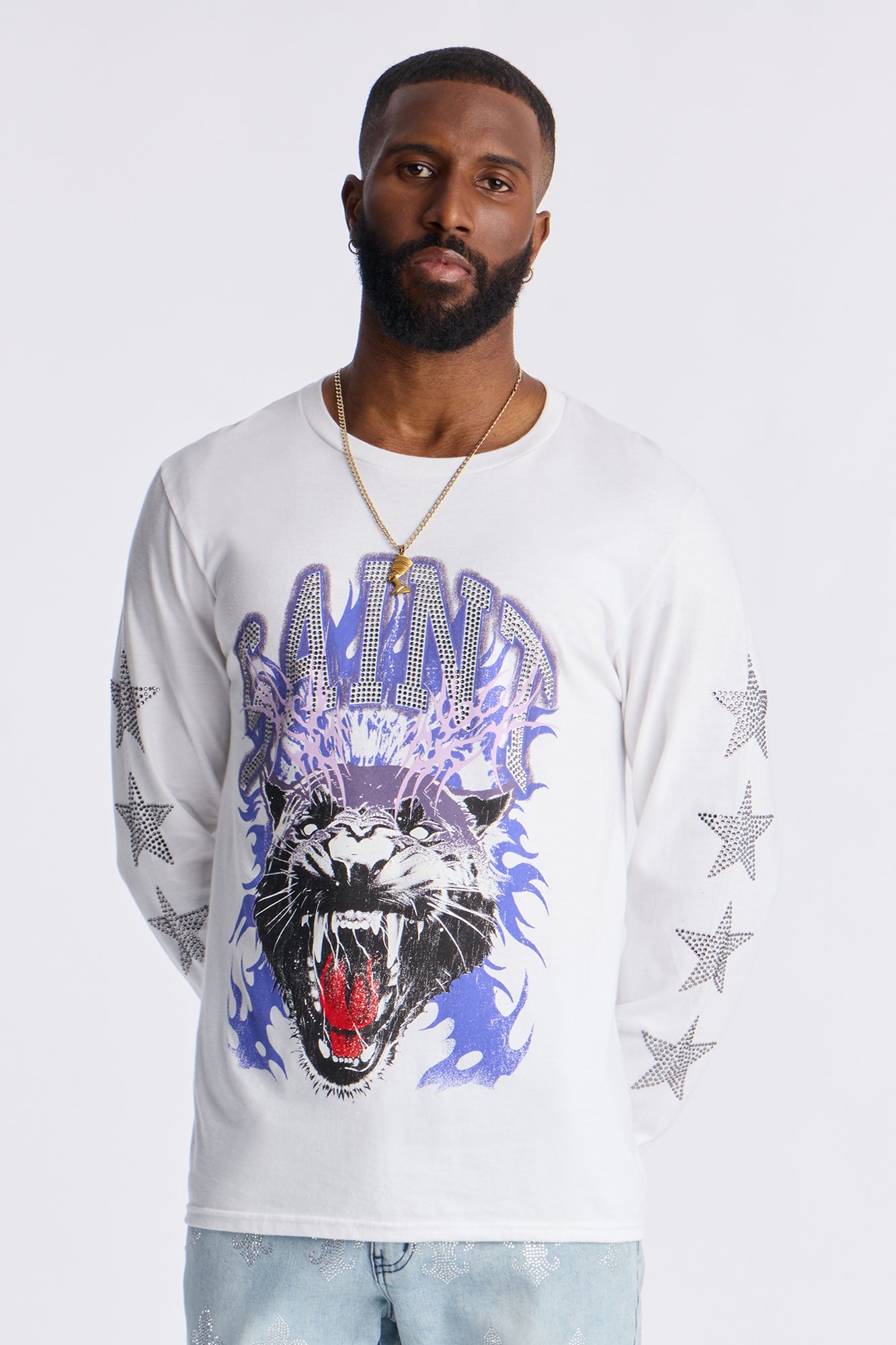 Saint Star Of The Show Rhinestone Long Sleeve Tee - White