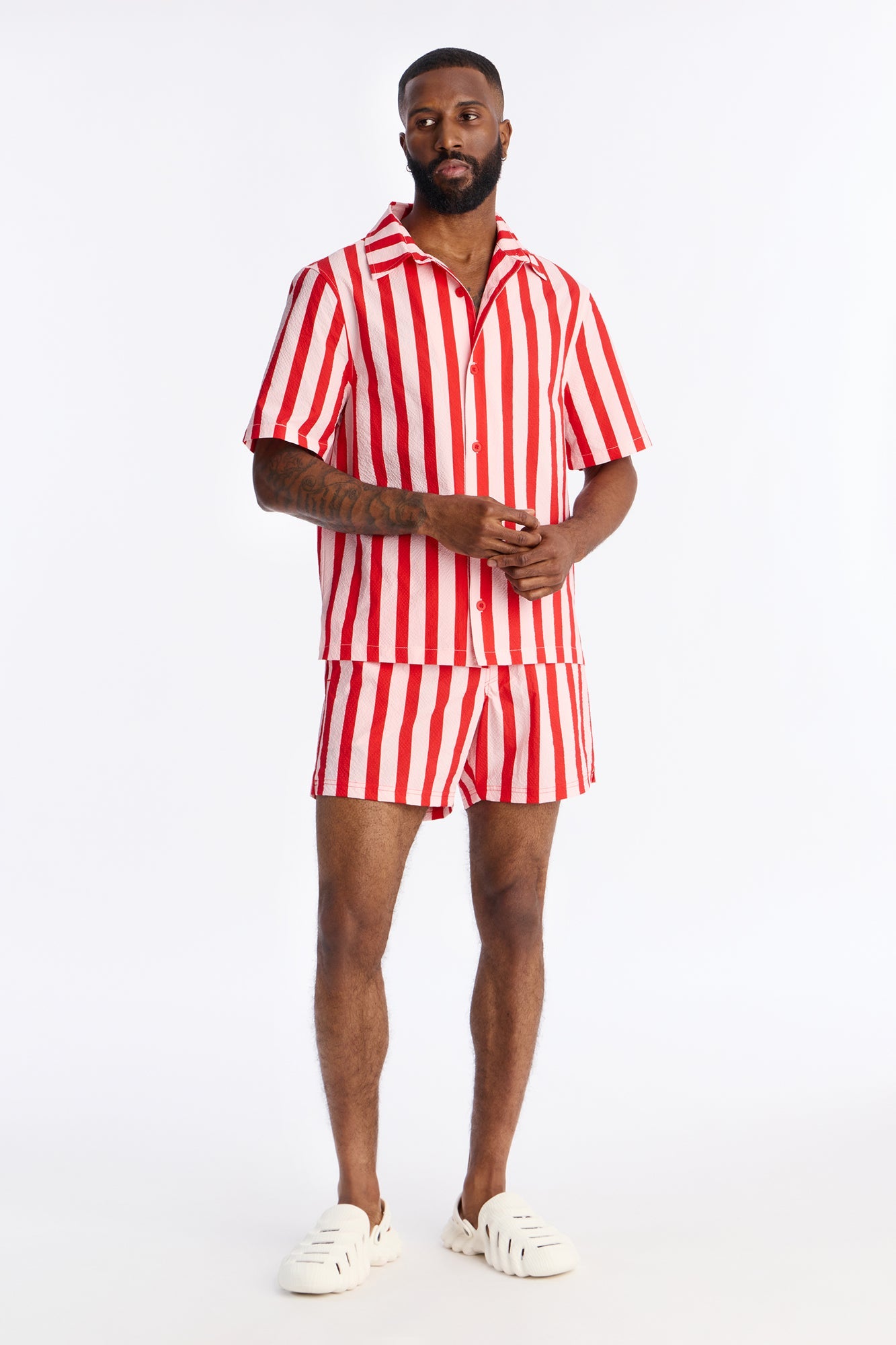 Striped Party Seersucker Button Up Shirt - Red