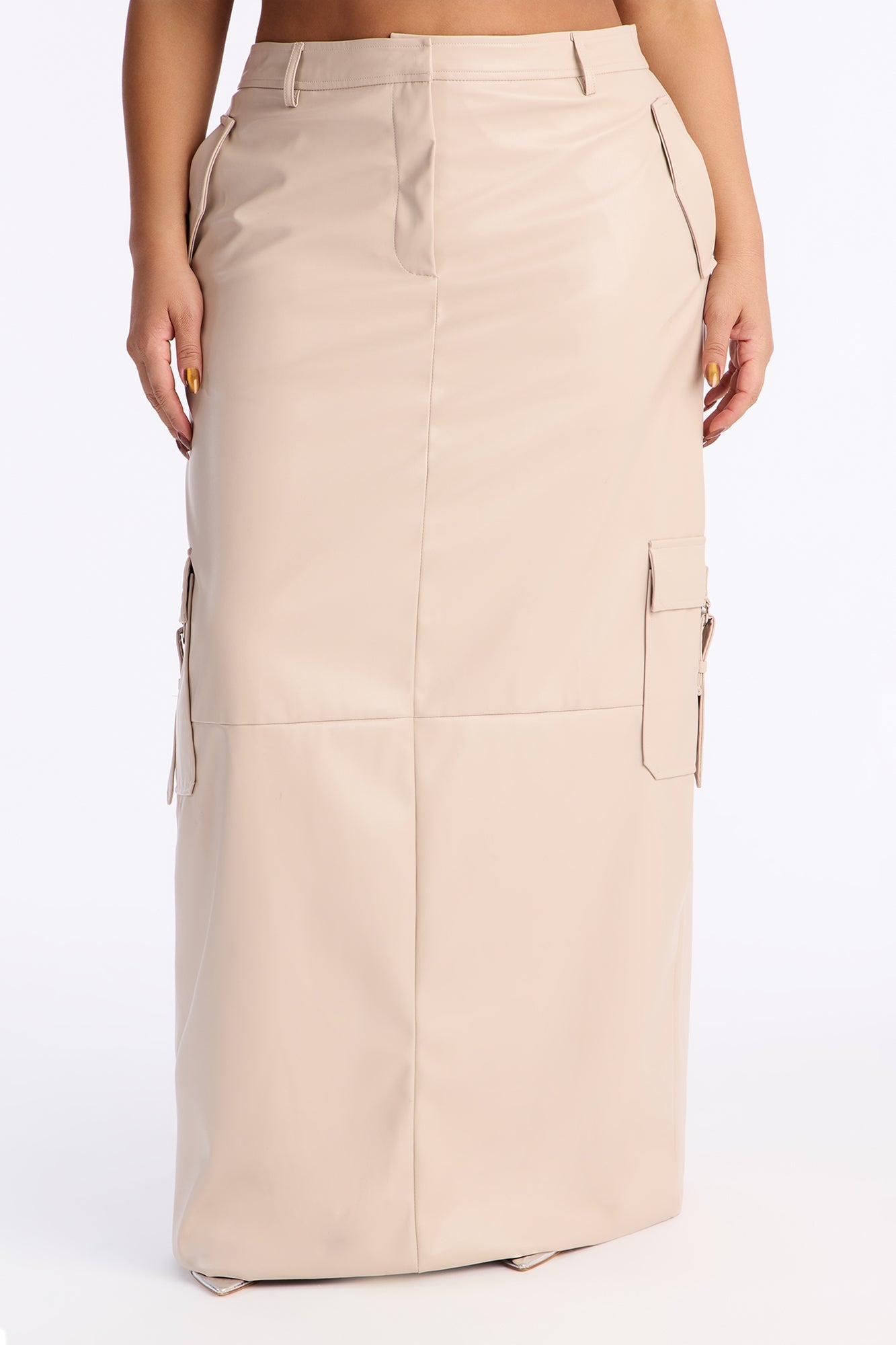 Catwalk Chic Faux Leather Cargo Maxi Skirt - Stone