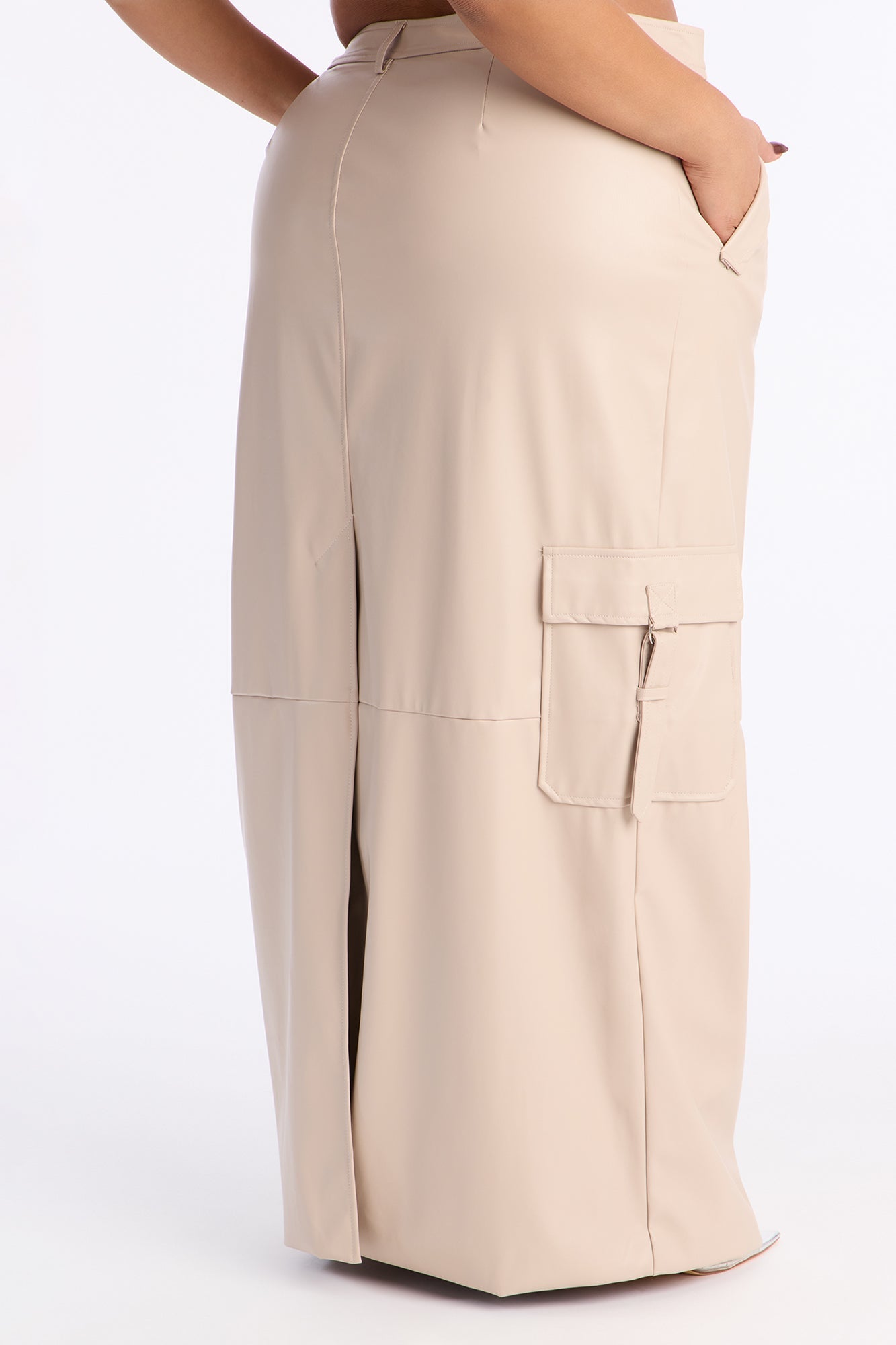 Catwalk Chic Faux Leather Cargo Maxi Skirt - Stone