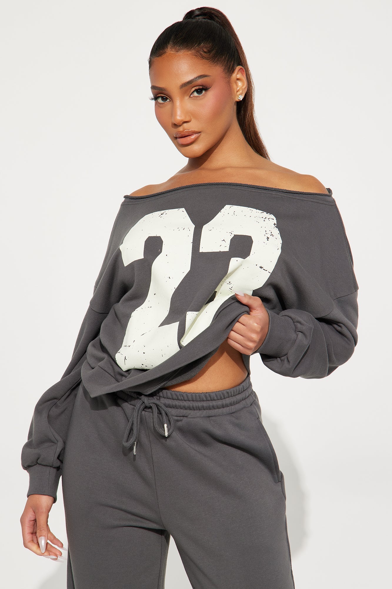 23 Off Shoulder Sweatsuit Set - Charcoal