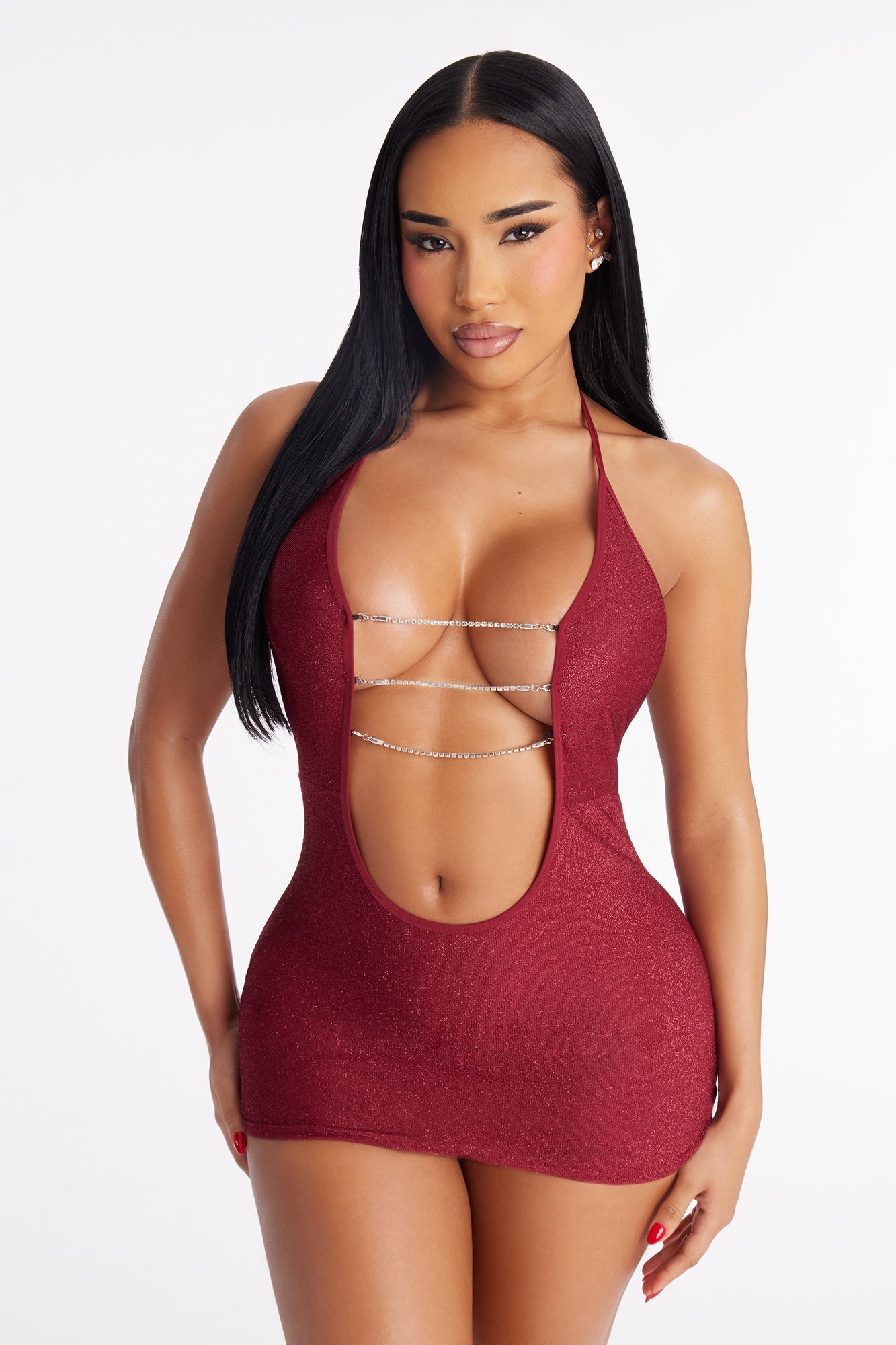 Nerina Metallic Plunge Chemise With Chains - Burgundy