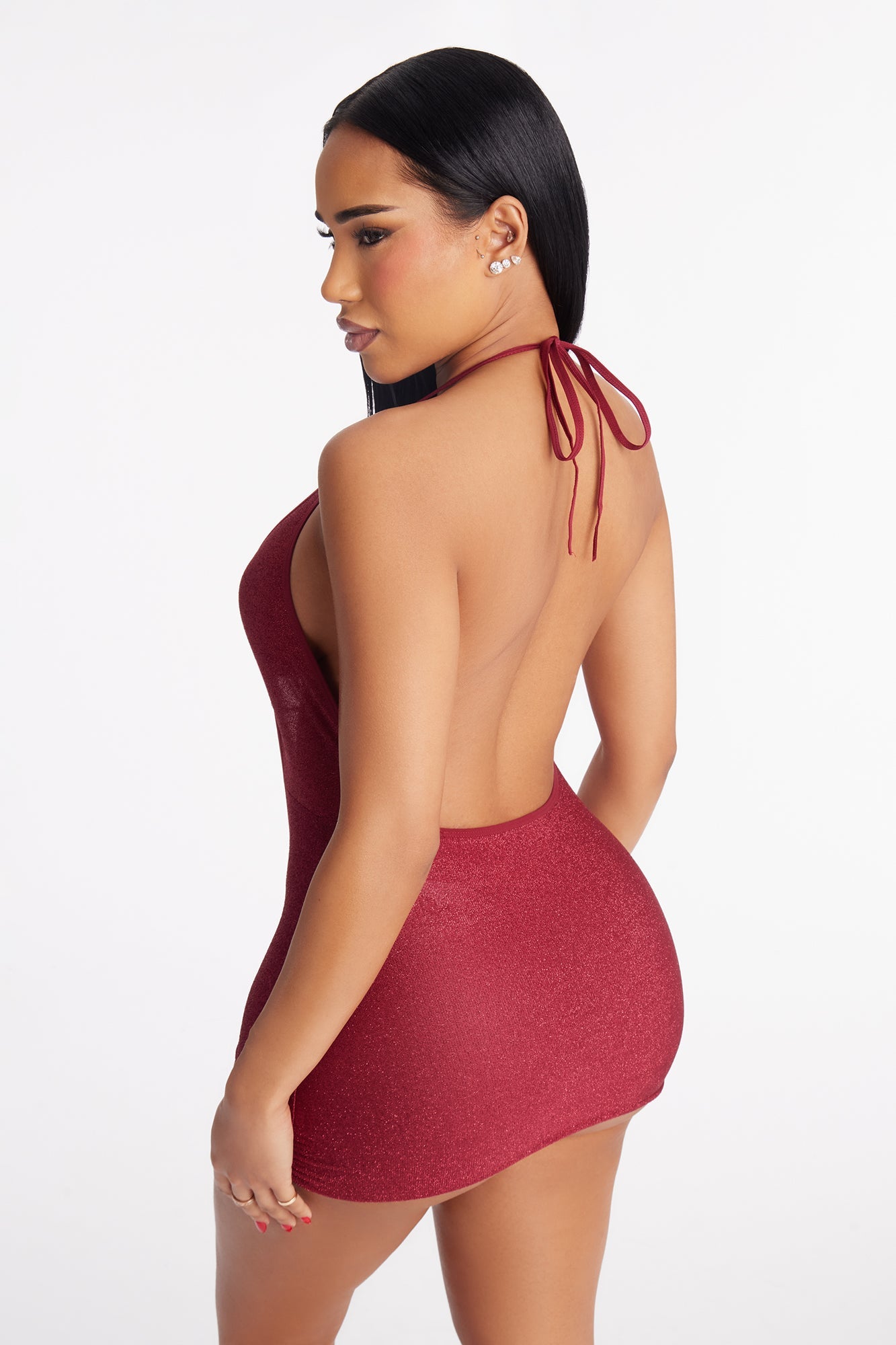 Nerina Metallic Plunge Chemise With Chains - Burgundy