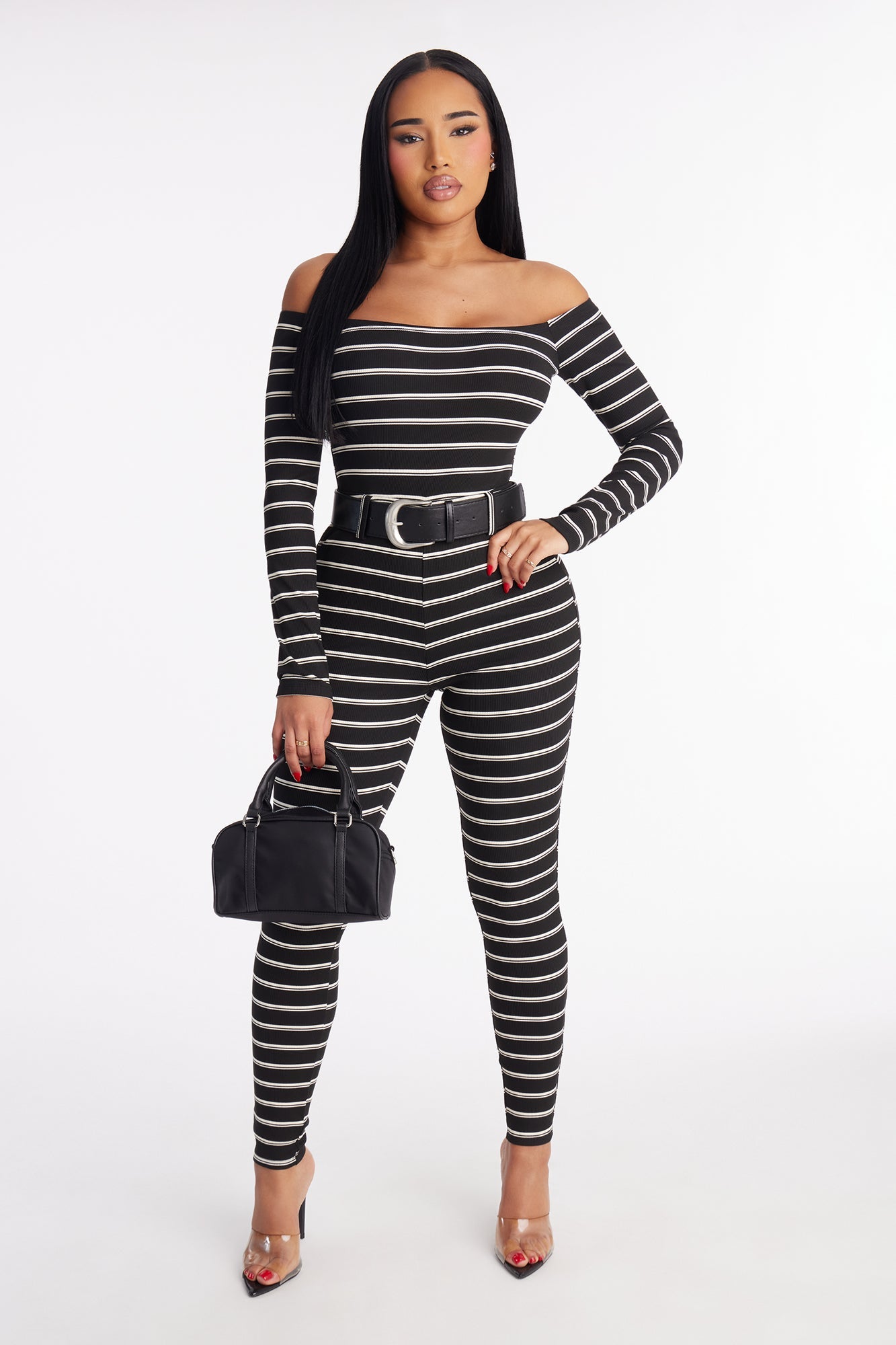 Jayna Striped Moment Belted Catsuit - Black/White
