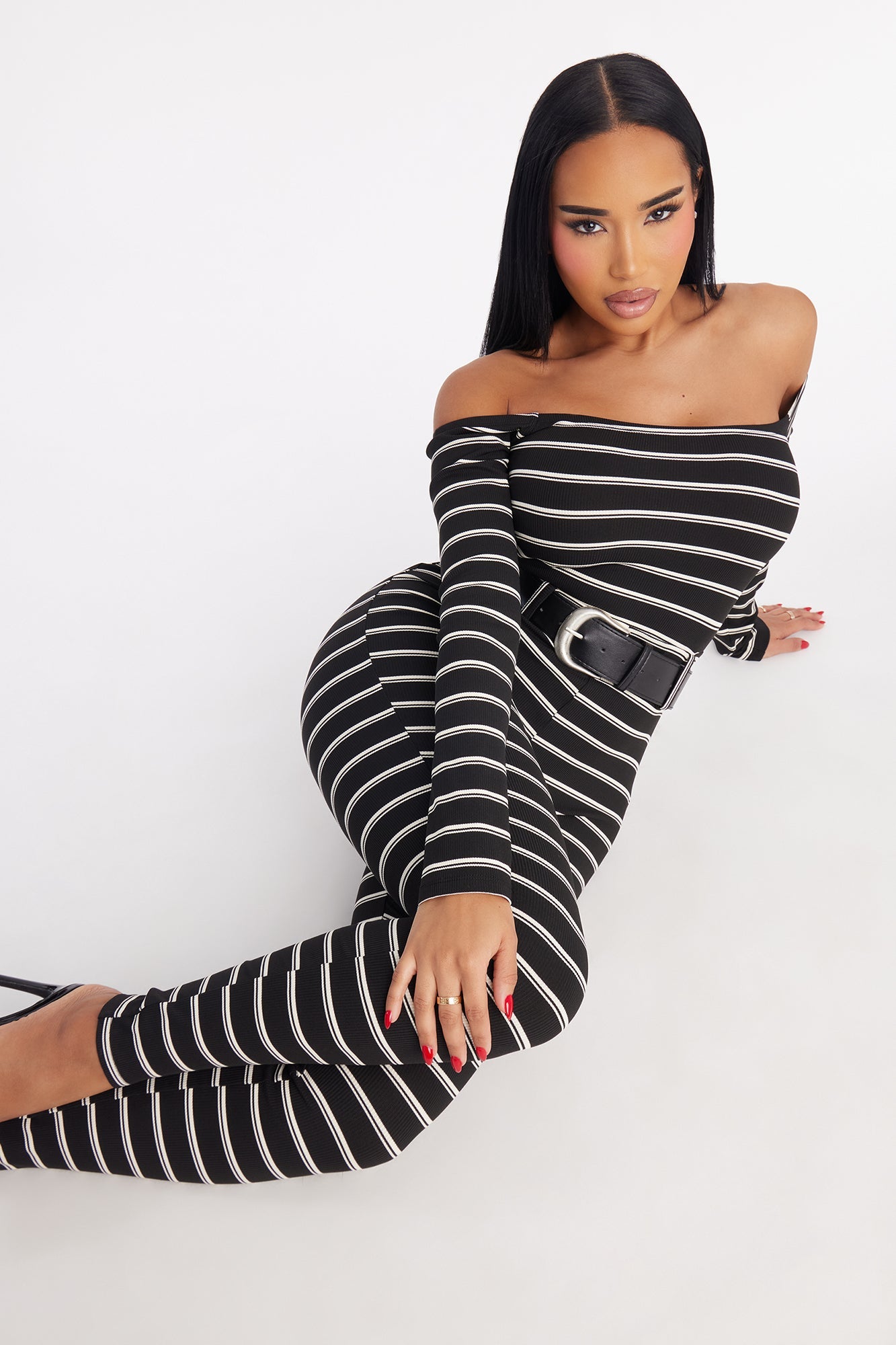 Jayna Striped Moment Belted Catsuit - Black/White