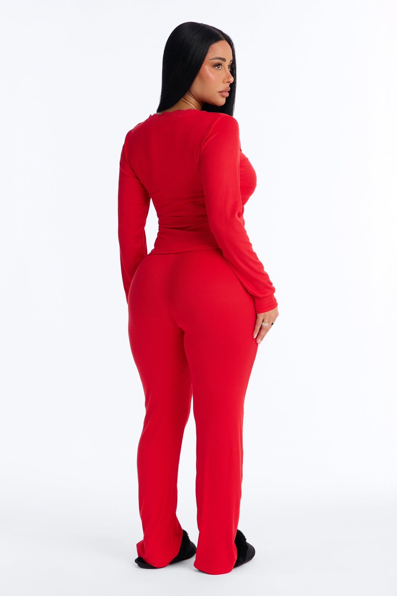 Thinking Of You Ribbed Long Sleeve PJ Pant Set - Red