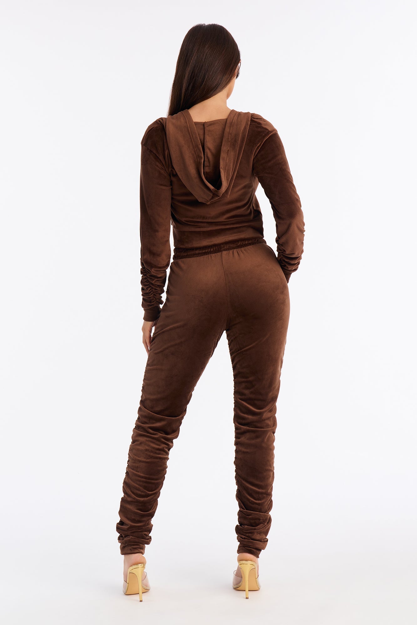 Soft Girl Energy Ruched Velour Jogger Set - Brown