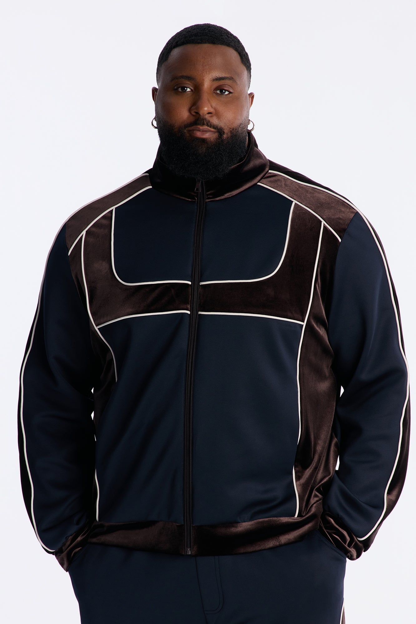 Relaxed Lexington Funnel Neck Velour Track Jacket - Navy