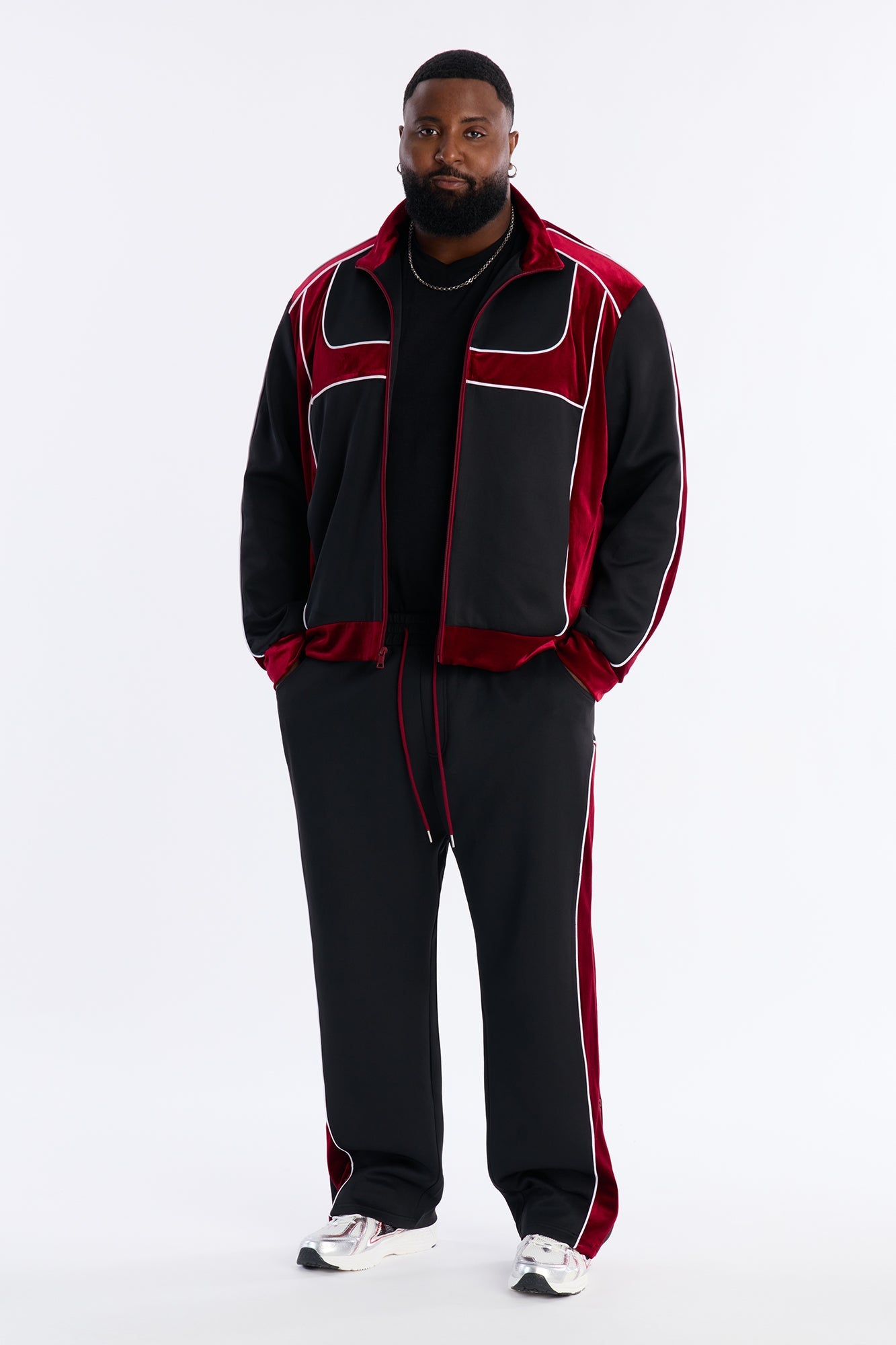 Relaxed Lexington Funnel Neck Velour Track Jacket - Burgundy
