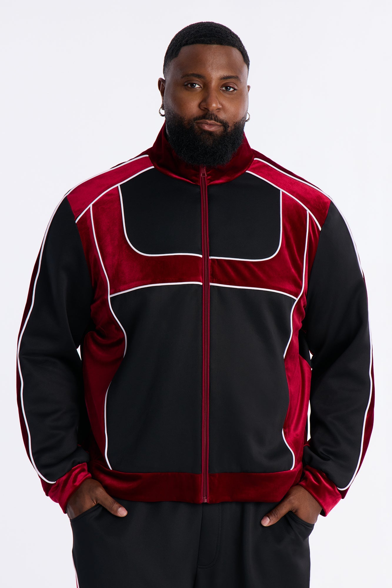 Relaxed Lexington Funnel Neck Velour Track Jacket - Burgundy