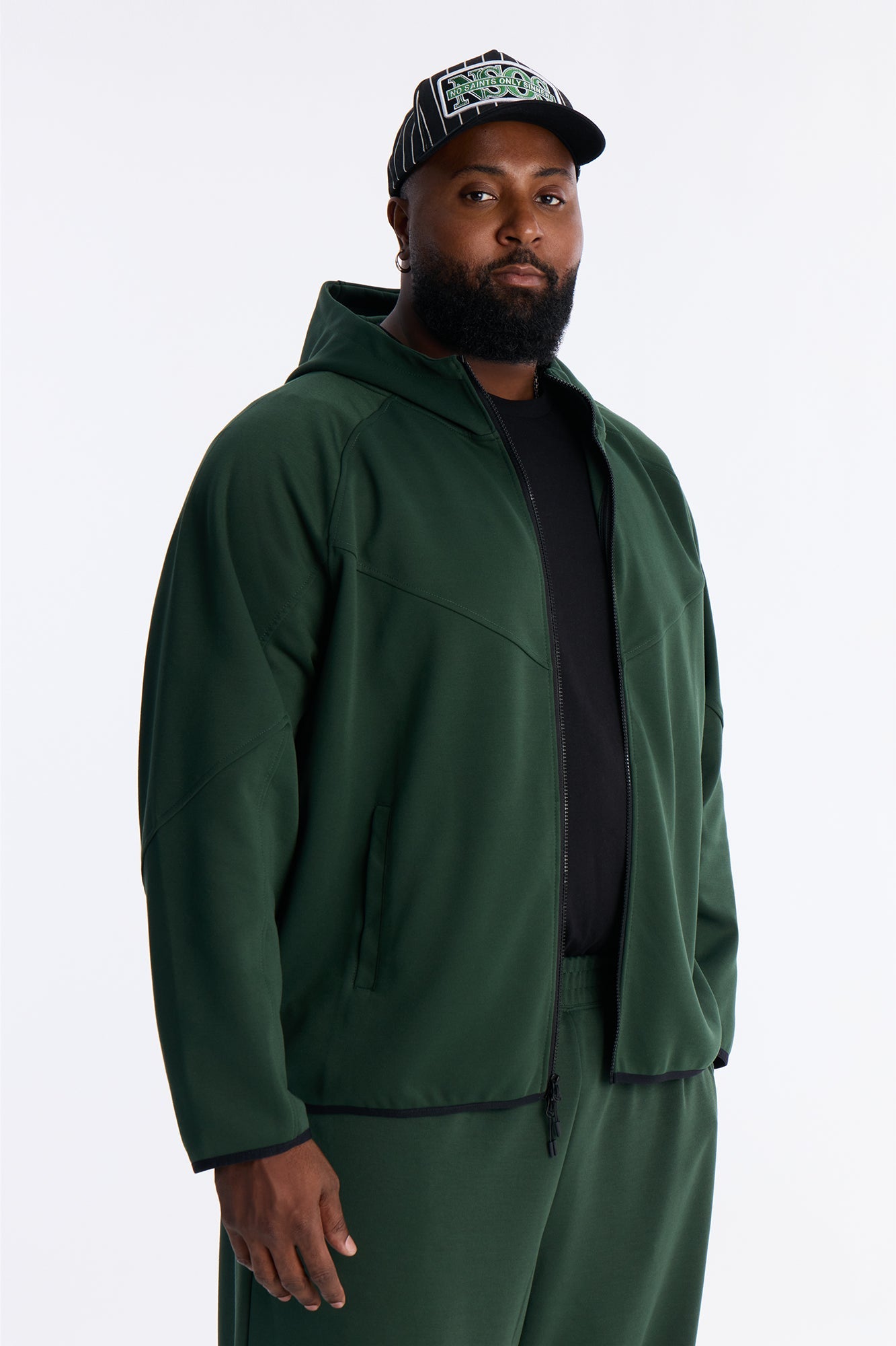 Structured Paneled Fleece Zip Up Hoodie - Green