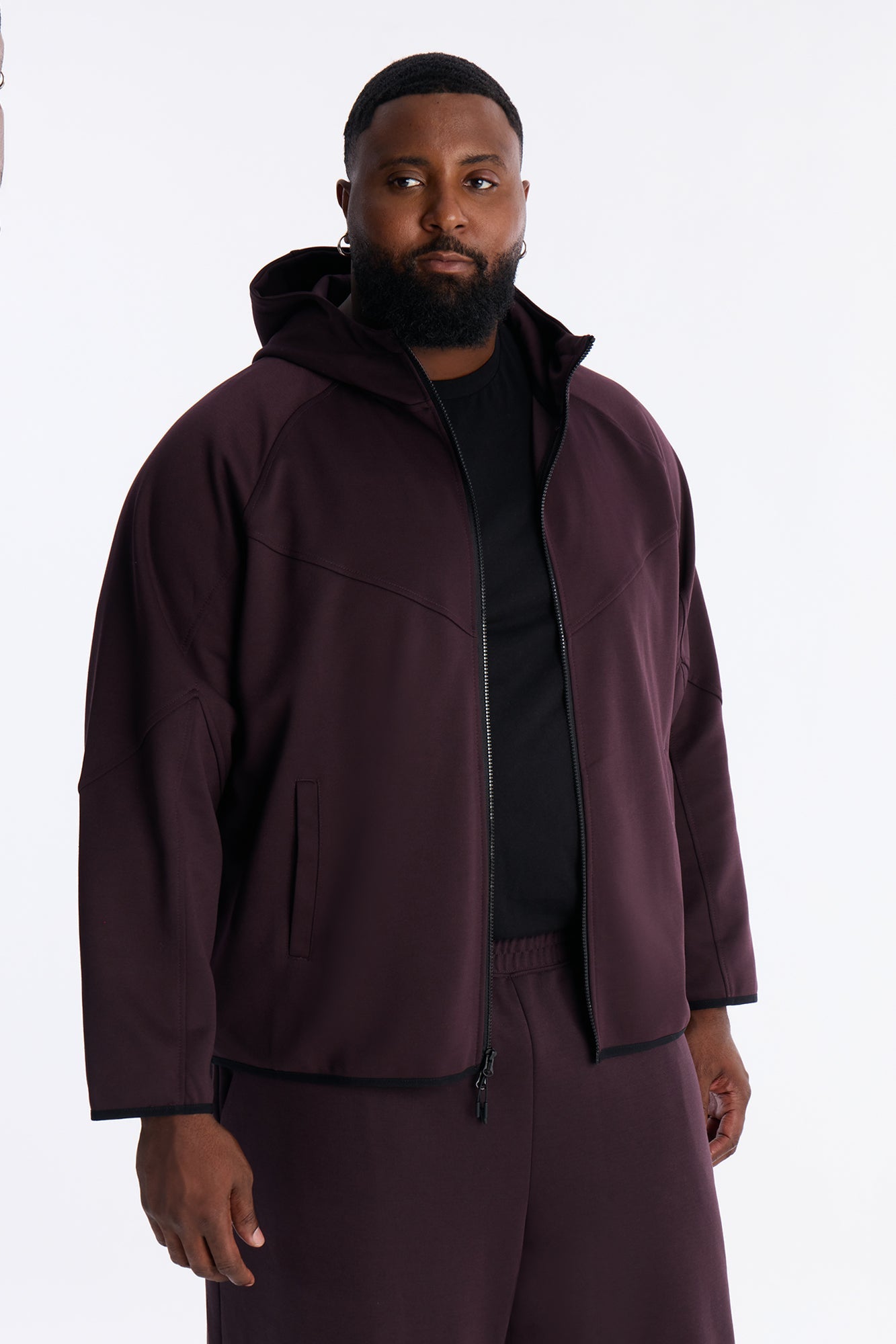 Structured Paneled Fleece Zip UP Hoodie - Plum