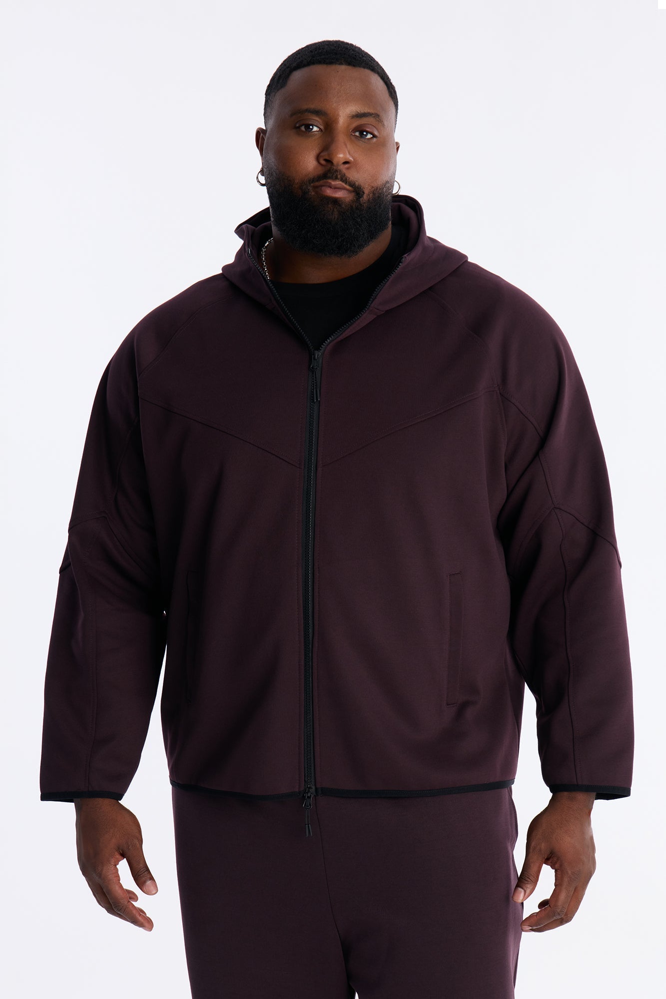 Structured Paneled Fleece Zip UP Hoodie - Plum