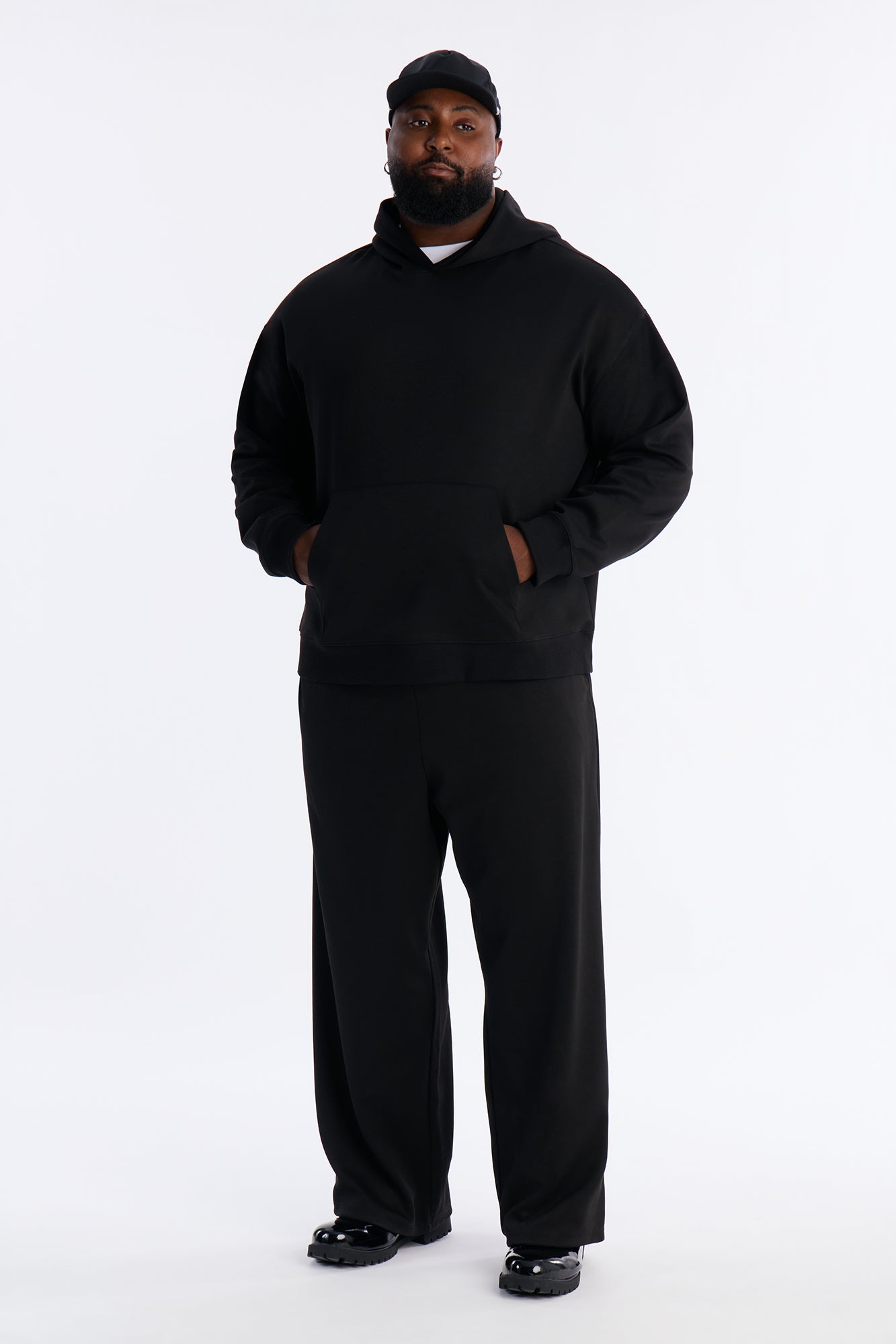 Structured Fleece Wide Leg Sweatpants - Black