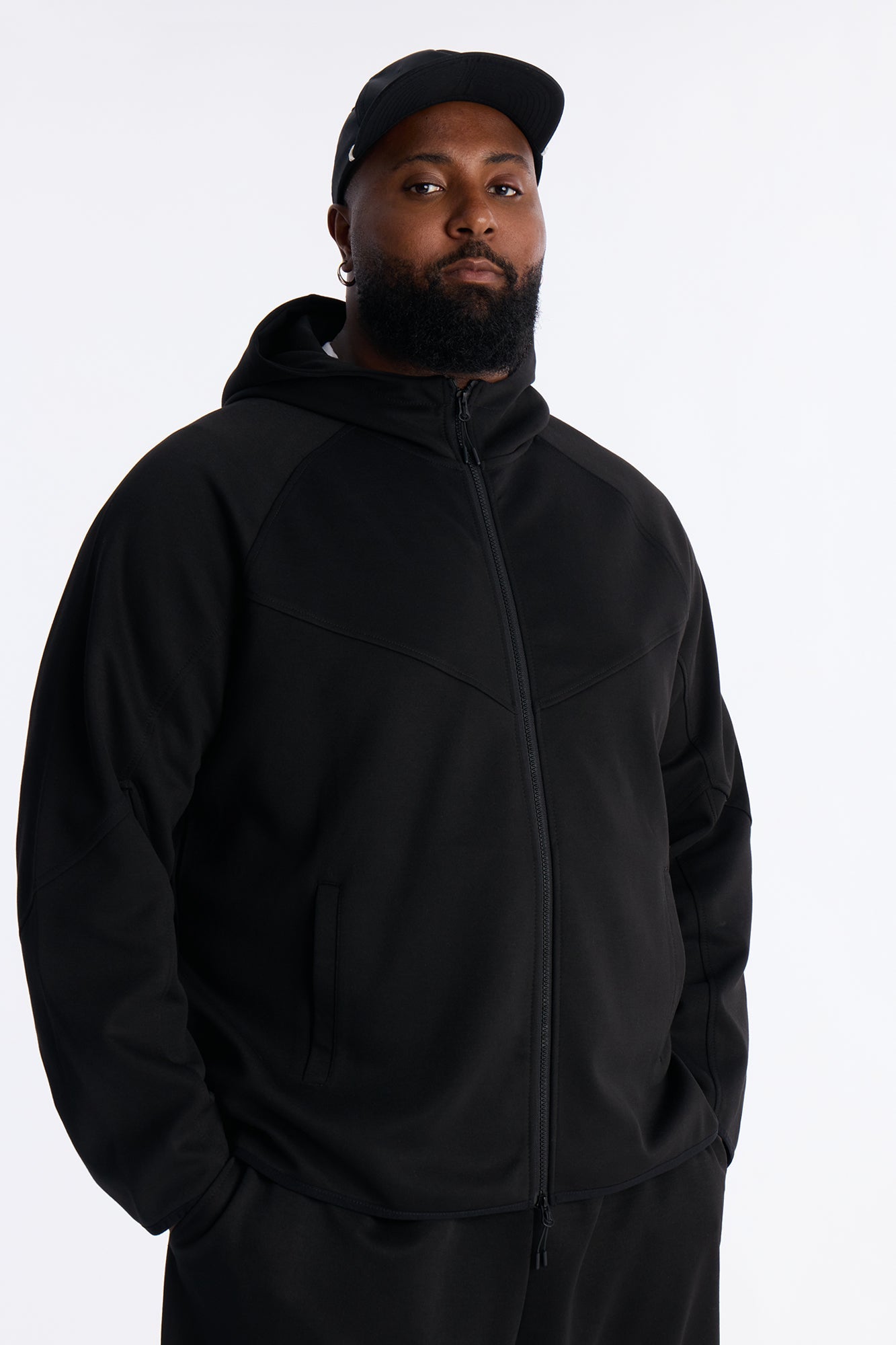 Structured Paneled Fleece Zip Up Hoodie - Black