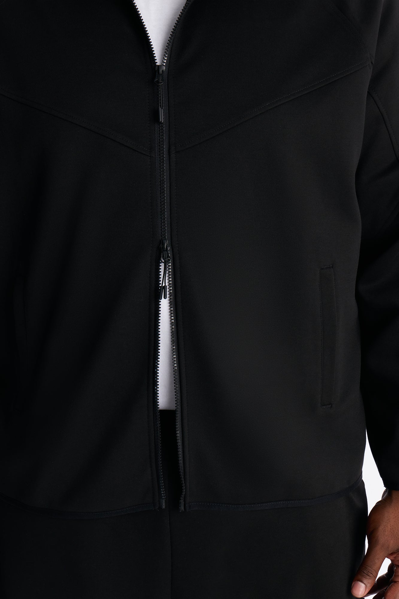 Structured Paneled Fleece Zip Up Hoodie - Black