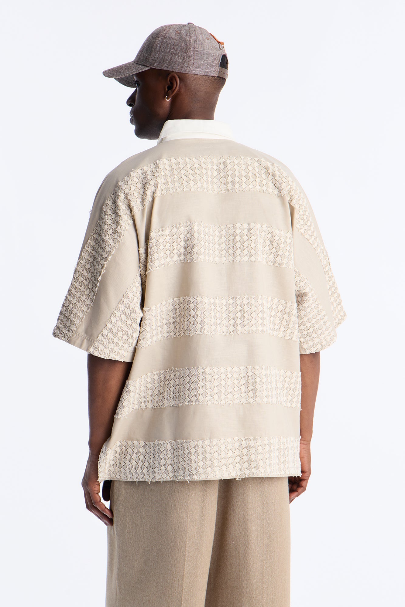 Oversized Net Motion Crochet Polo Shirt - Tan