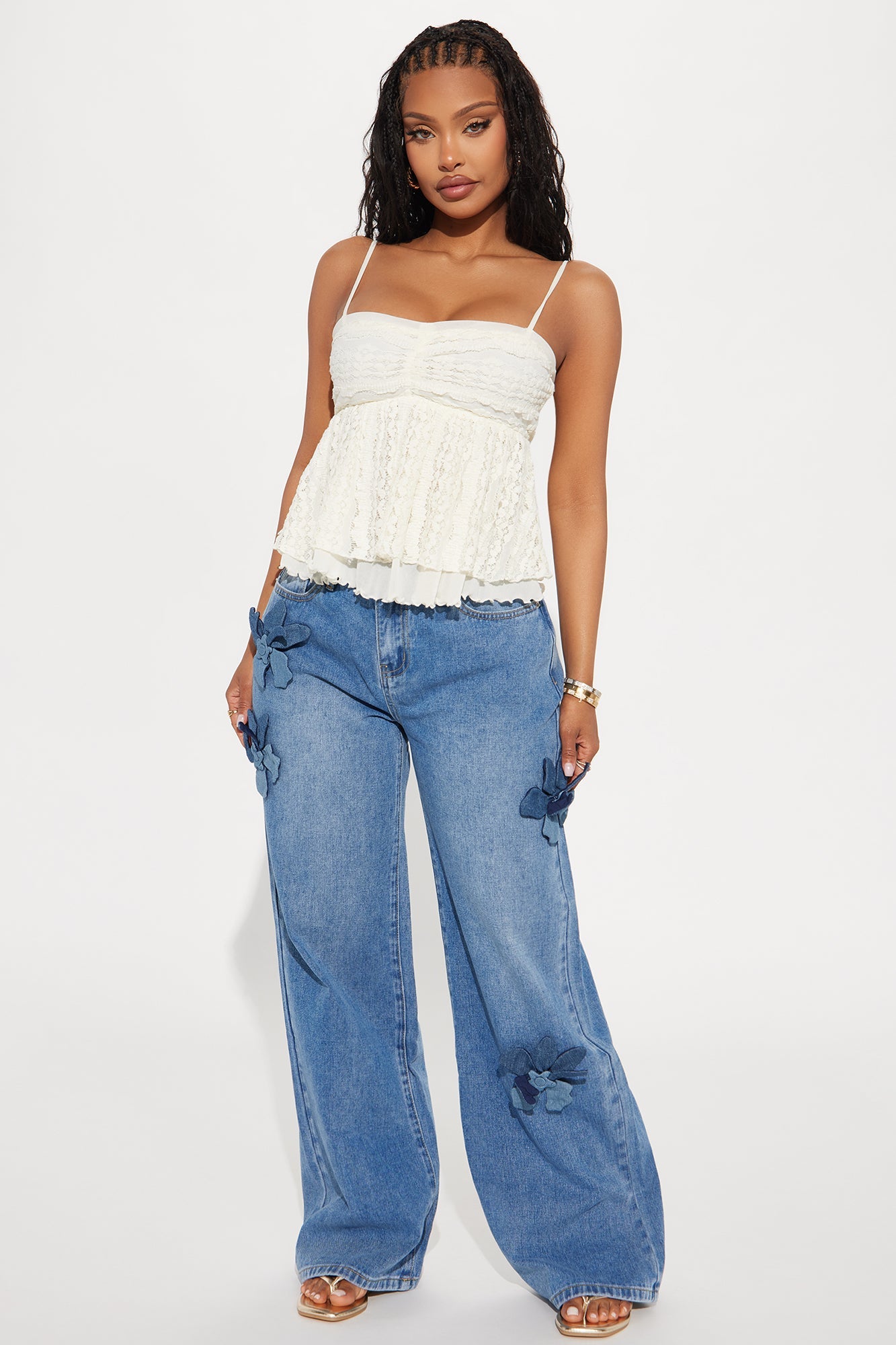 Floria Baggy Flower Applique Jeans - Medium Wash