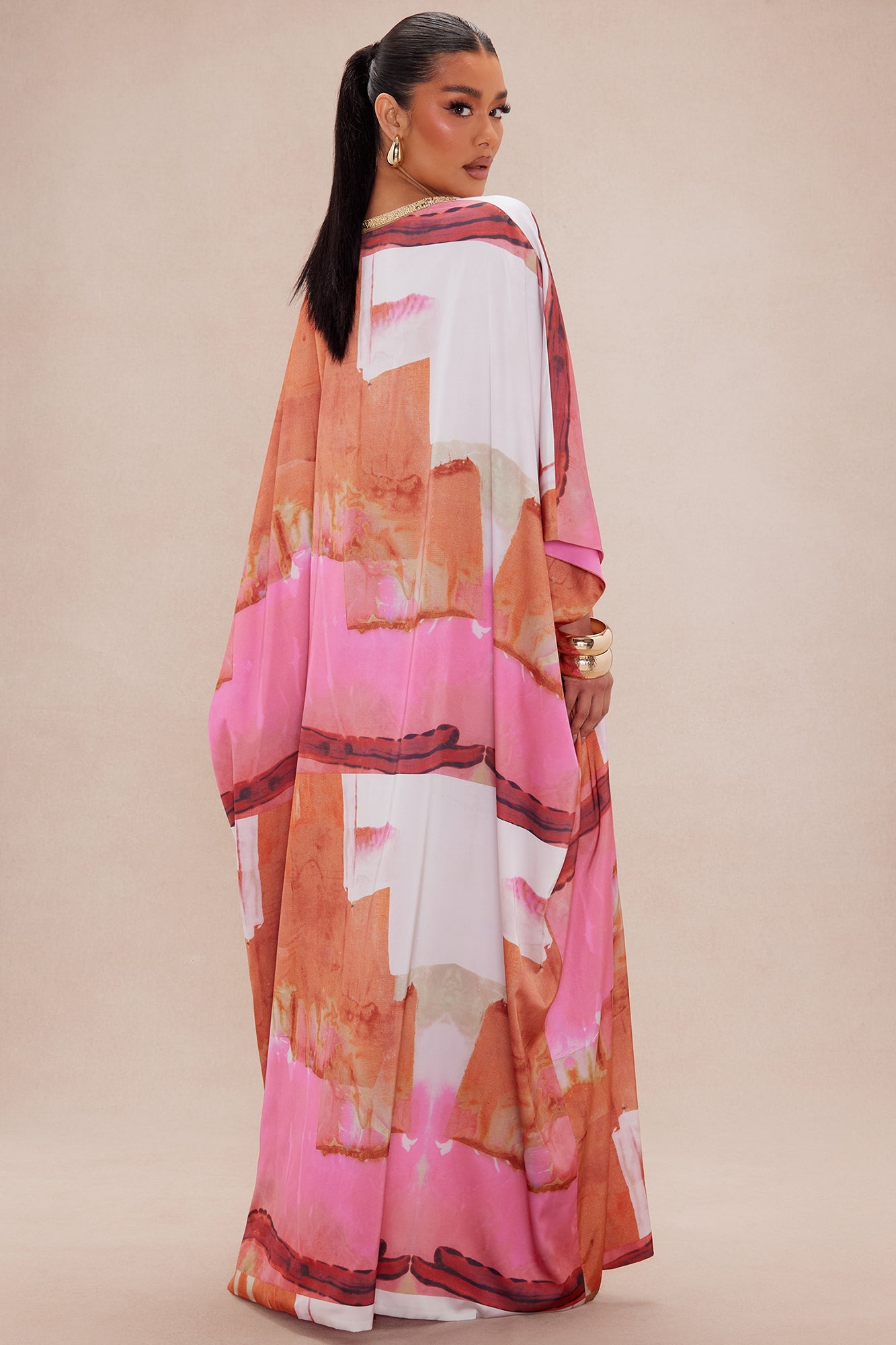 Sabina Satin Kaftan Dress - Pink/combo