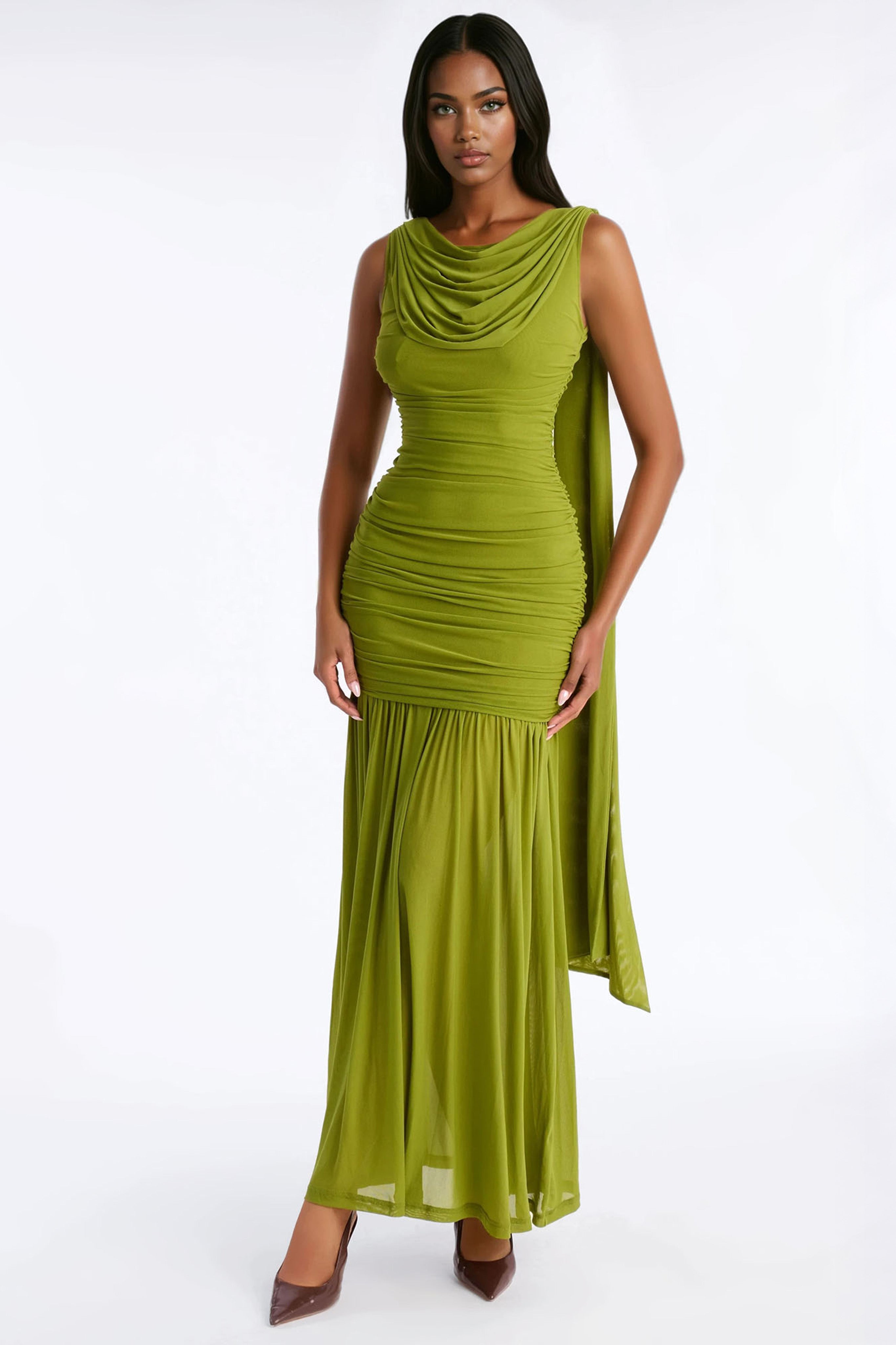 Elowen Ruched Draped Gown - Green