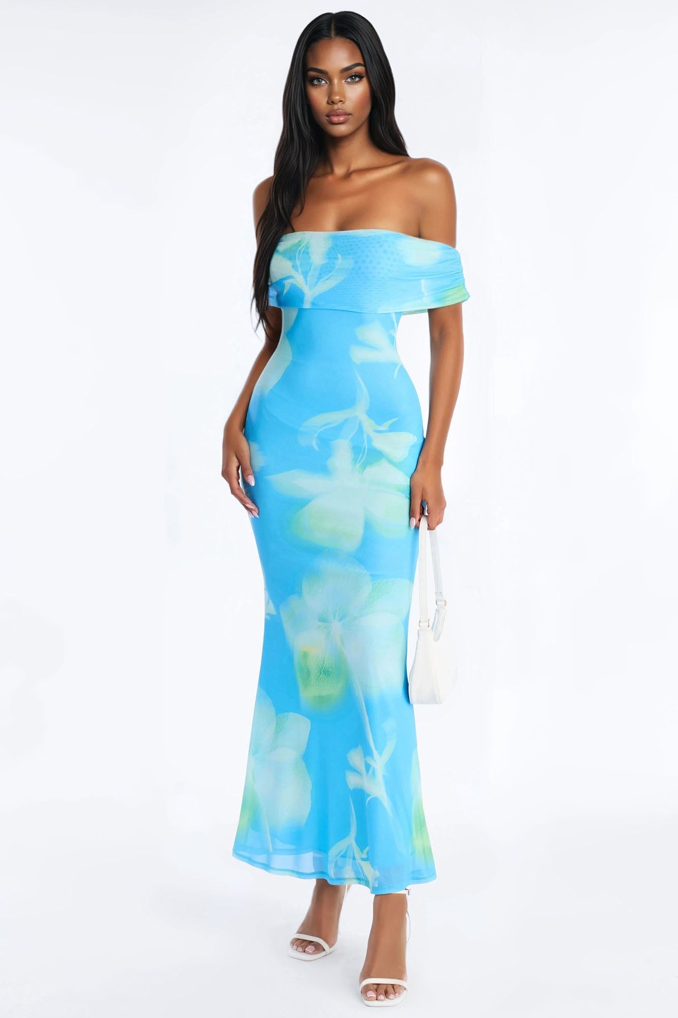 Emilee Off Shoulder Mesh Maxi Dress - Blue/combo