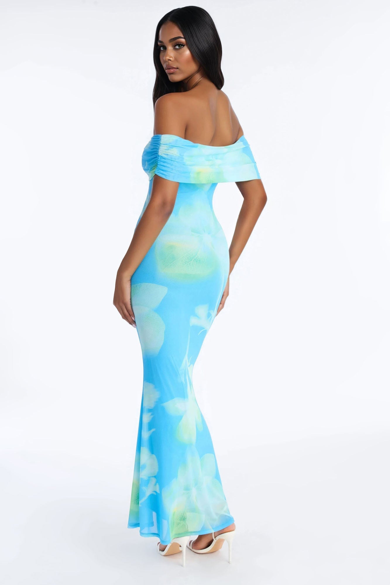 Emilee Off Shoulder Mesh Maxi Dress - Blue/combo