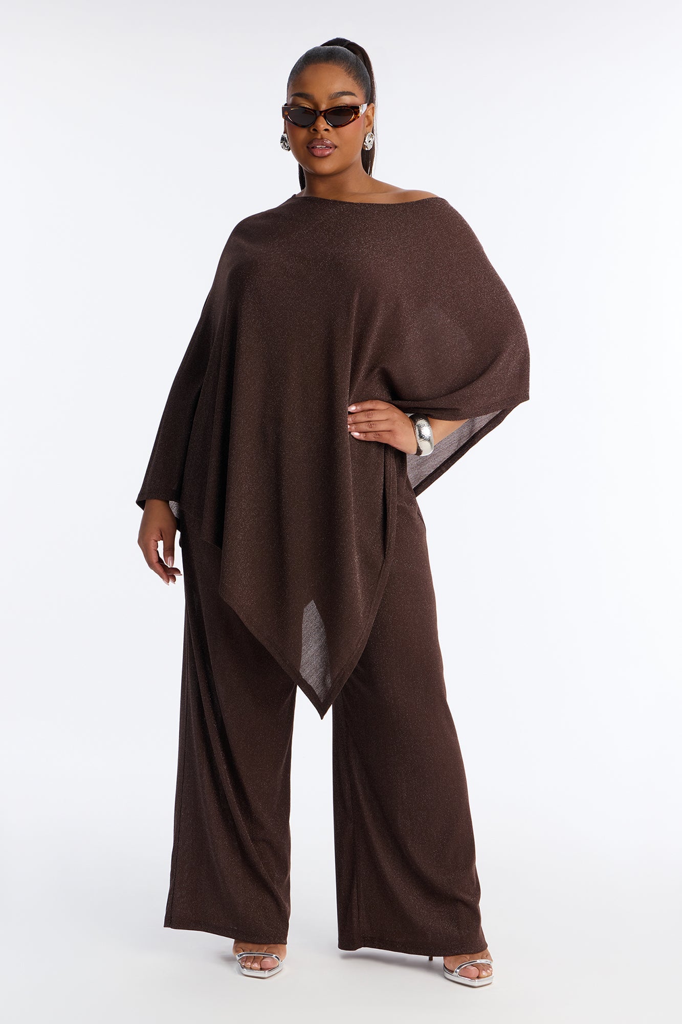 Yareli Metallic Mesh Cape Pant Set - Chocolate