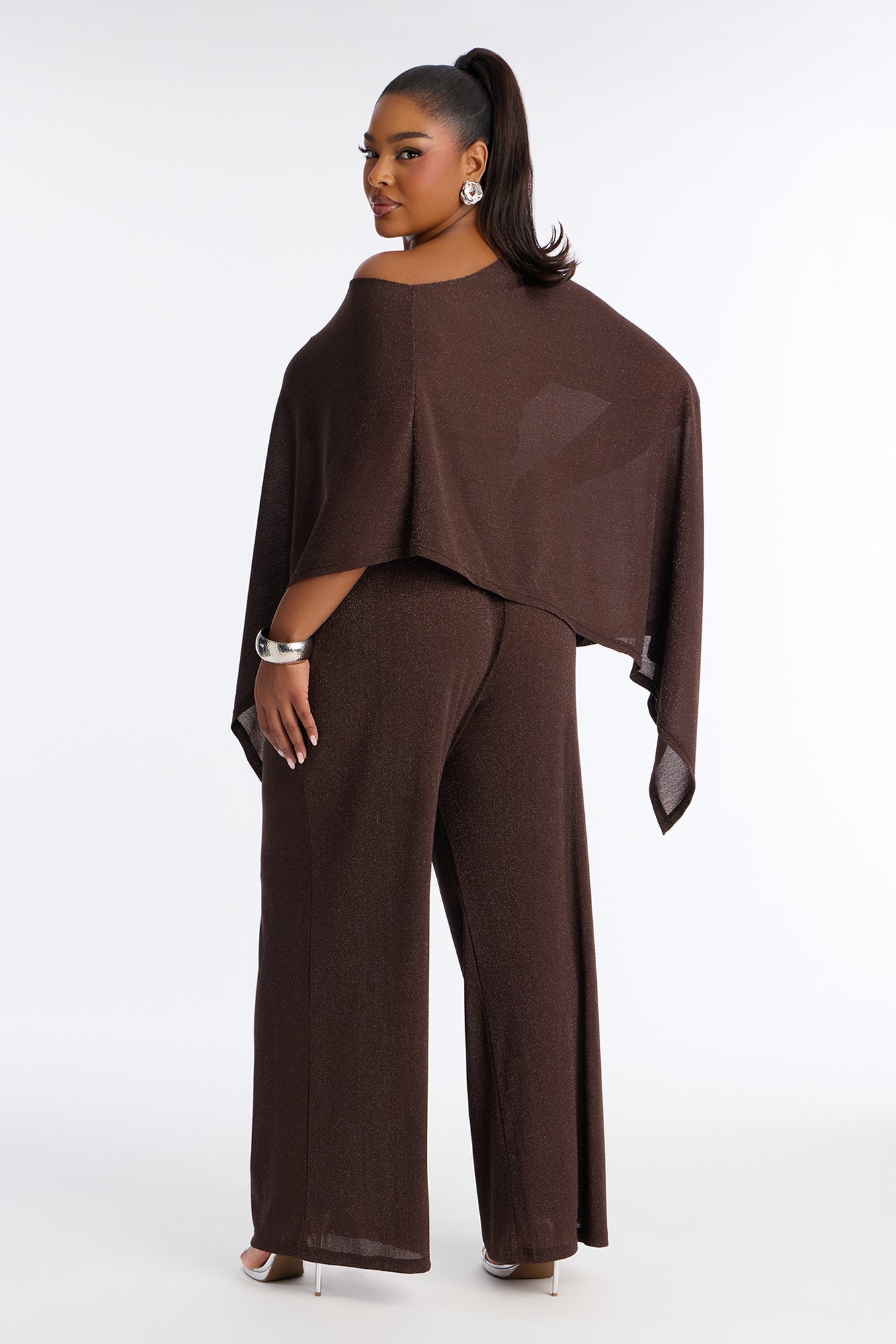 Yareli Metallic Mesh Cape Pant Set - Chocolate