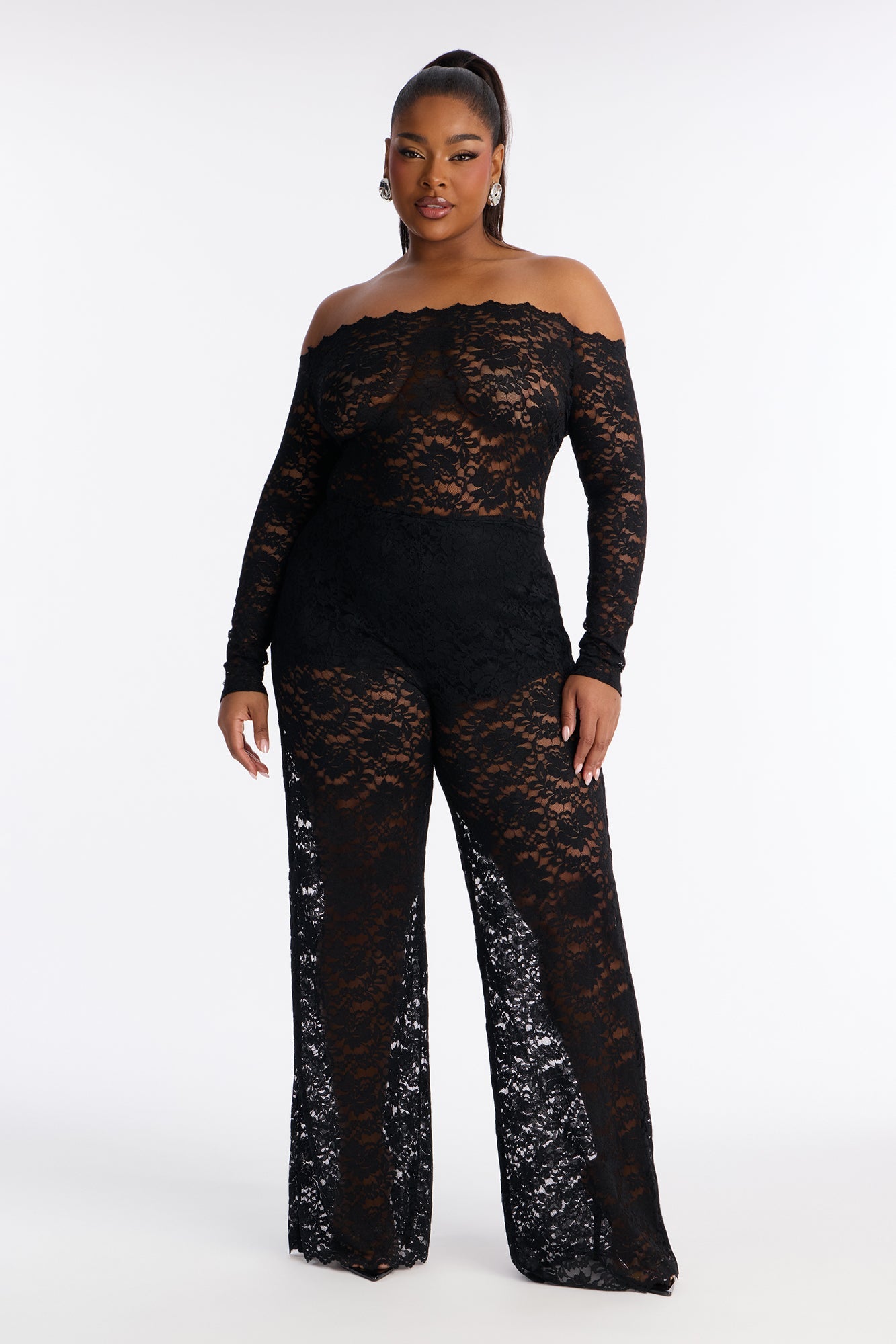 All Things Lace Off Shoulder Wide Leg Jumpsuit - Black