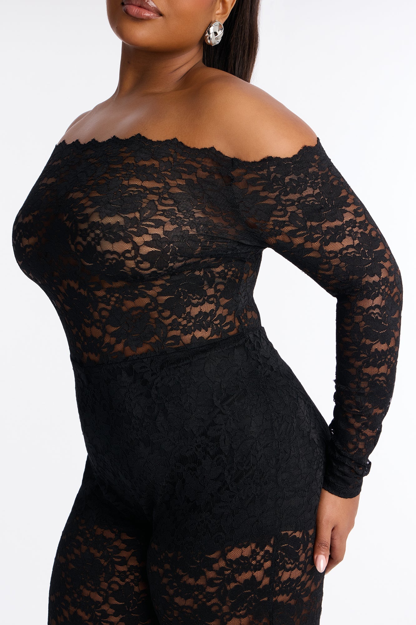 All Things Lace Off Shoulder Wide Leg Jumpsuit - Black
