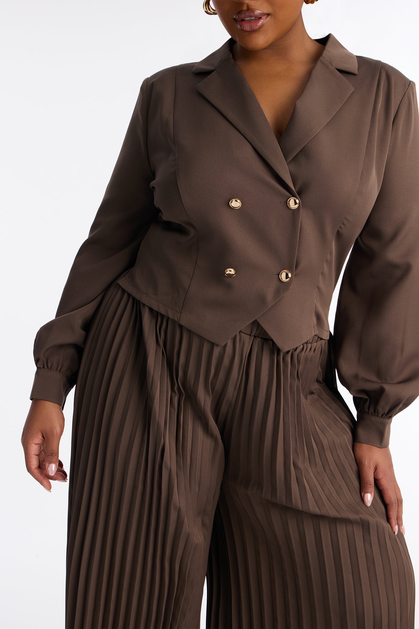 Office Ready Pleated Wide Leg Jumpsuit - Brown