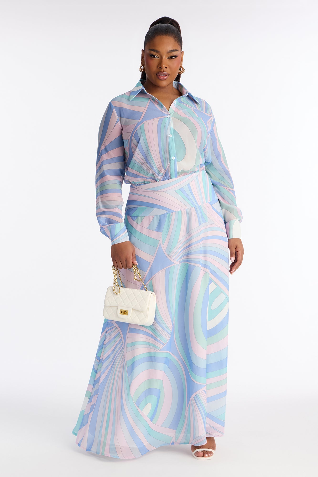 Gianna Button Up Chiffon Maxi Dress - Blue/combo