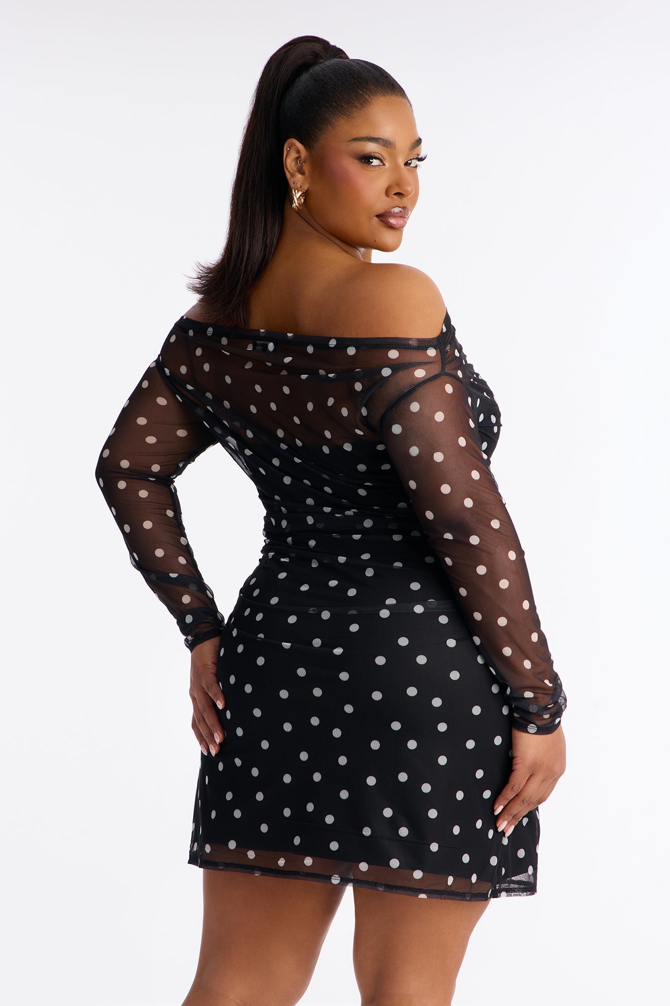 Out And About Polka Dot Mesh Mini Dress - Black/White