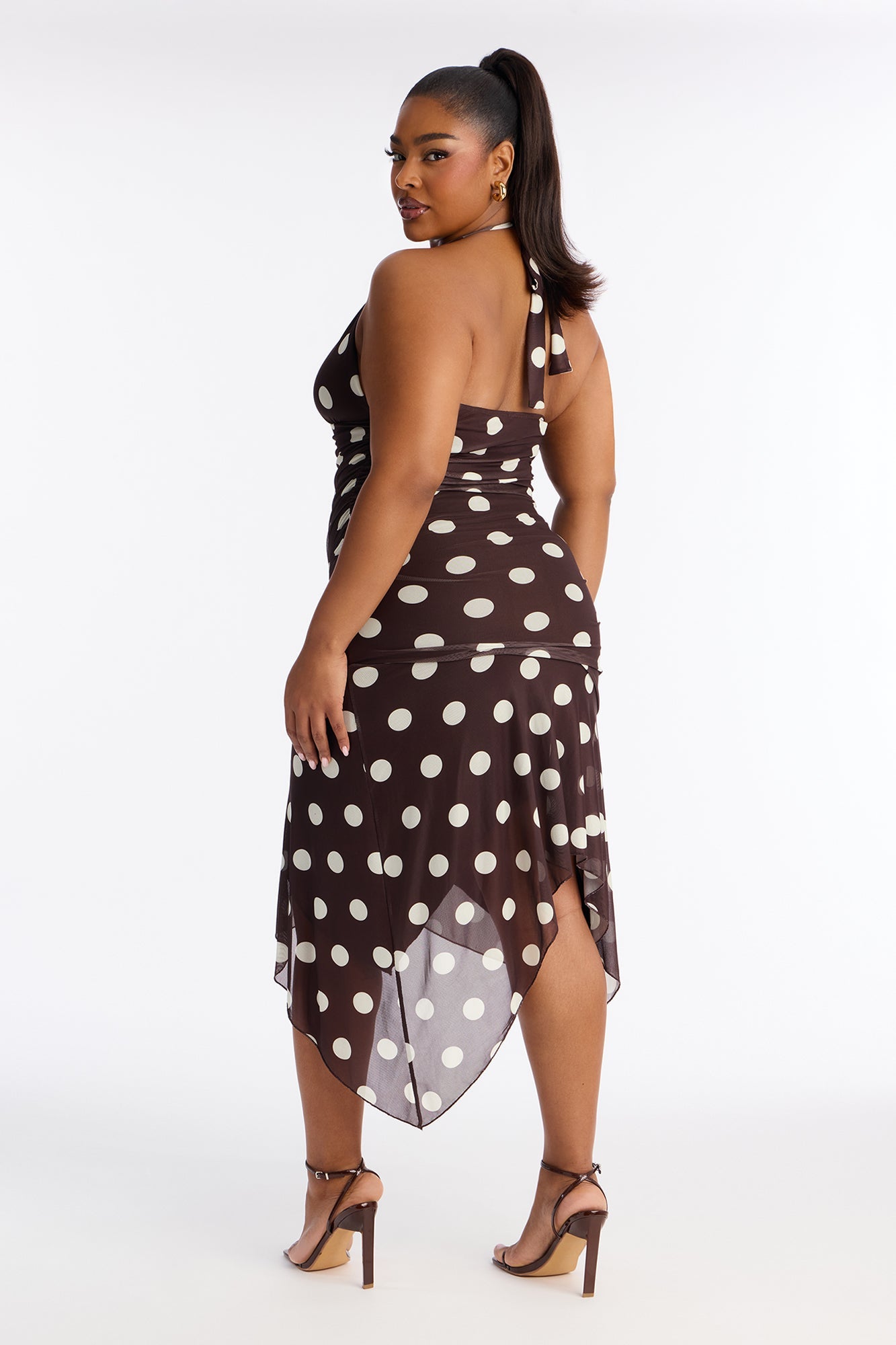 Adeline Polka Dot Mesh Midi Dress - Brown/combo