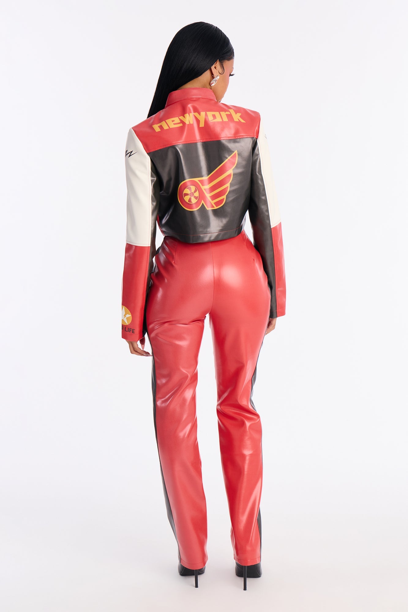 Motor Spirit Faux Leather Pant Set - Red/combo
