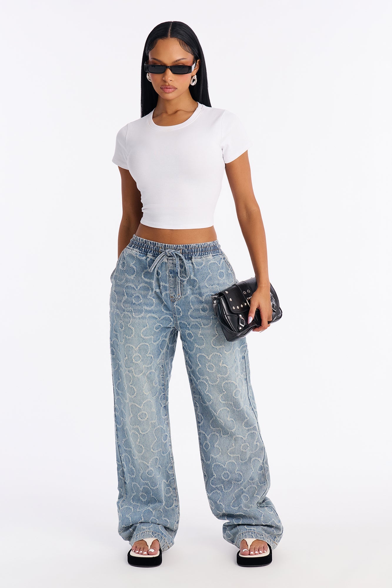 Flower Power Pull On Tie Waist Straight Leg Jeans - Medium Wash