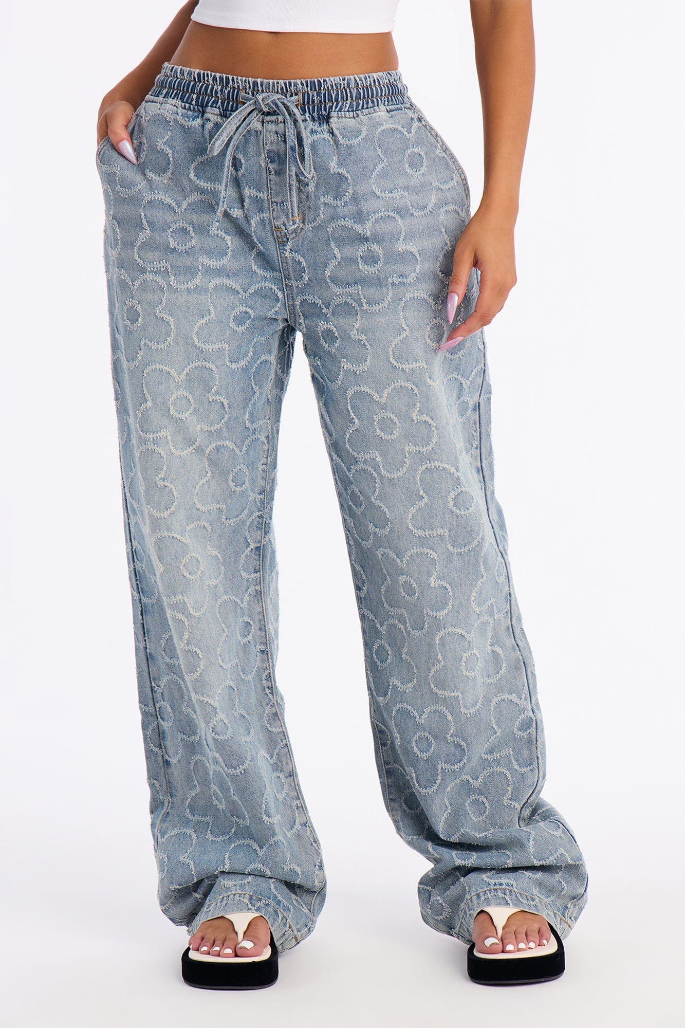 Flower Power Pull On Tie Waist Straight Leg Jeans - Medium Wash
